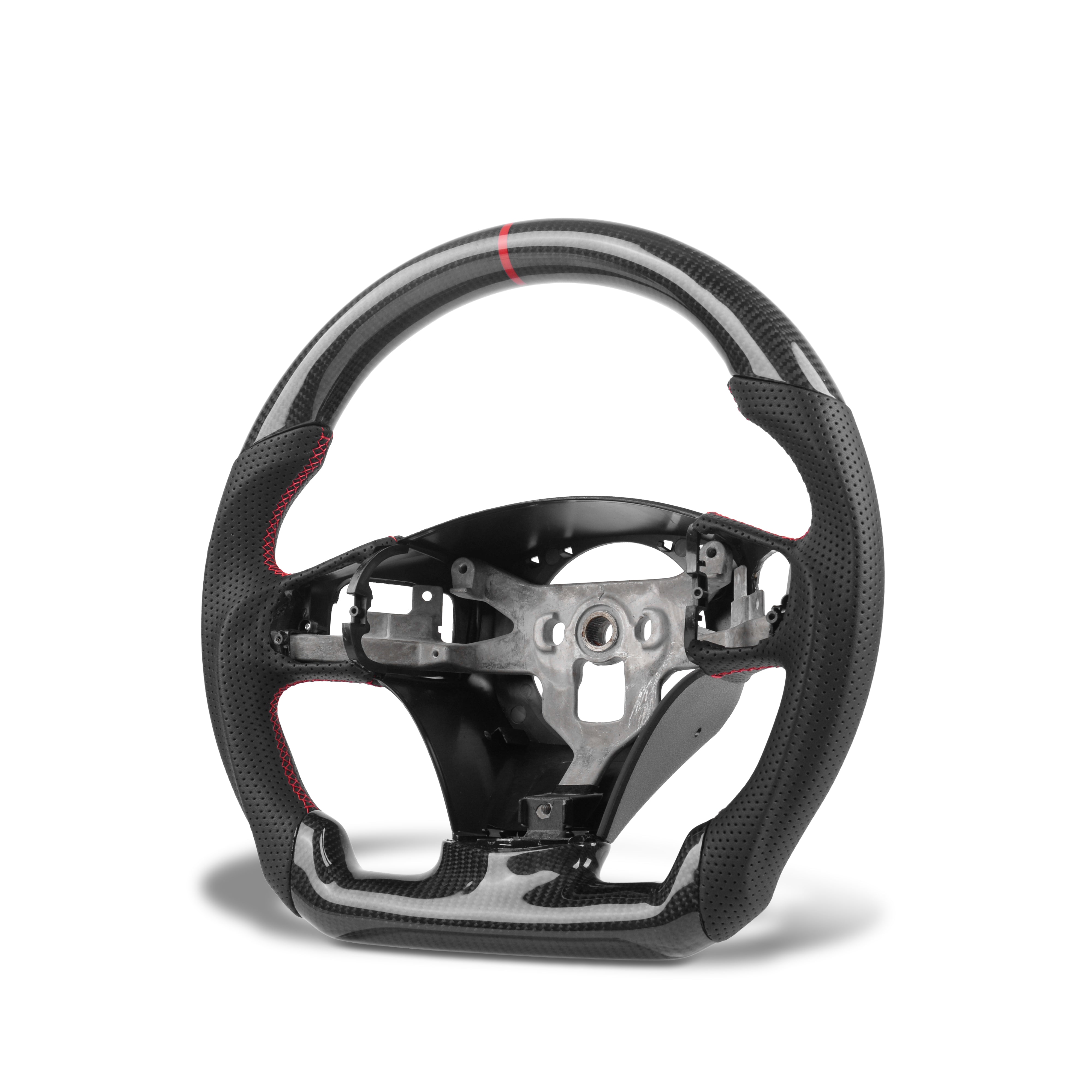 2012–2013 Chevrolet Corvette C6 carbon fiber steering wheel with paddle shifter holes installed interior view by Auto Addict USA with black perforated leather and red center stripe