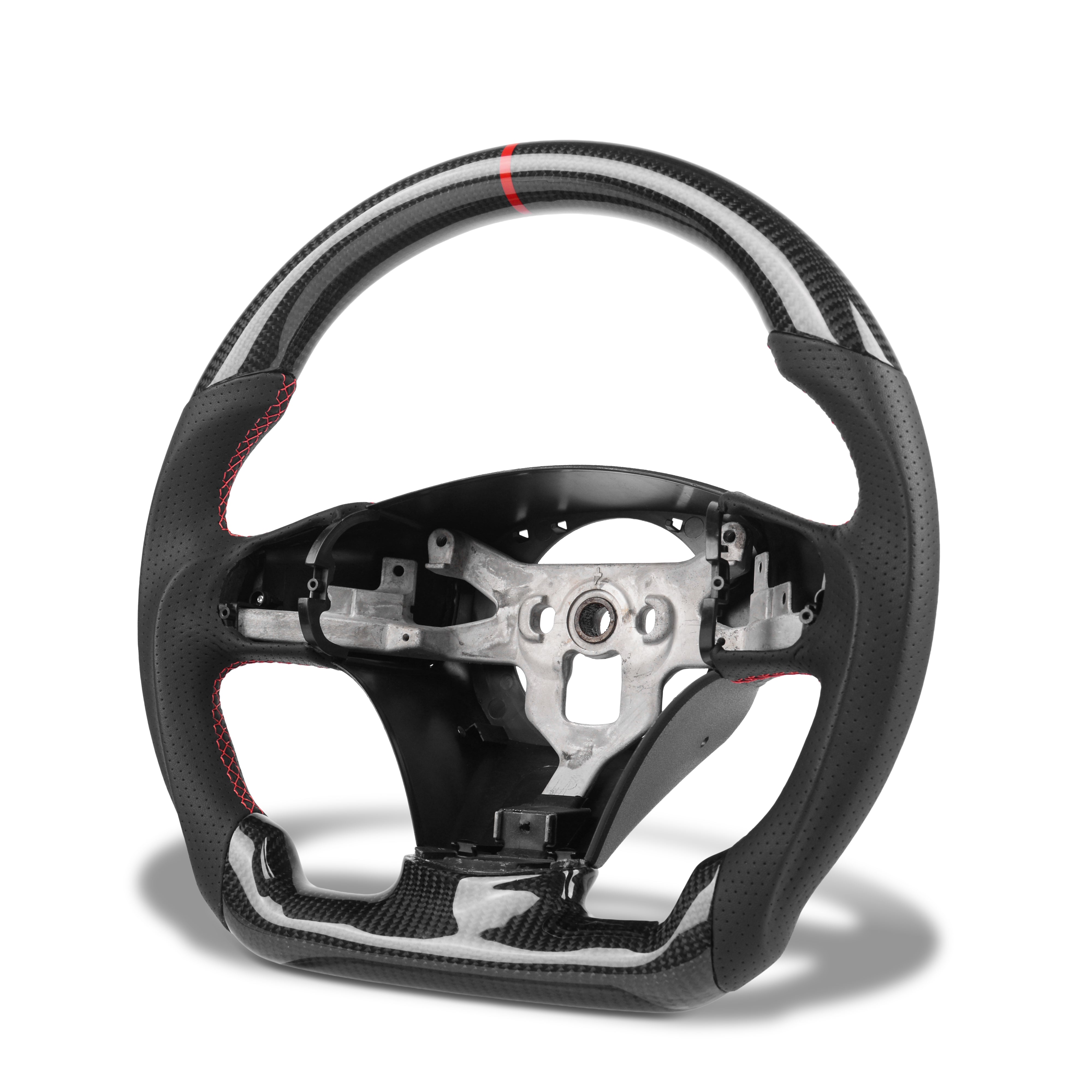 2012–2013 Chevrolet Corvette C6 carbon fiber steering wheel without paddle shifter holes installed interior view by Auto Addict USA with black perforated leather and red center stripe