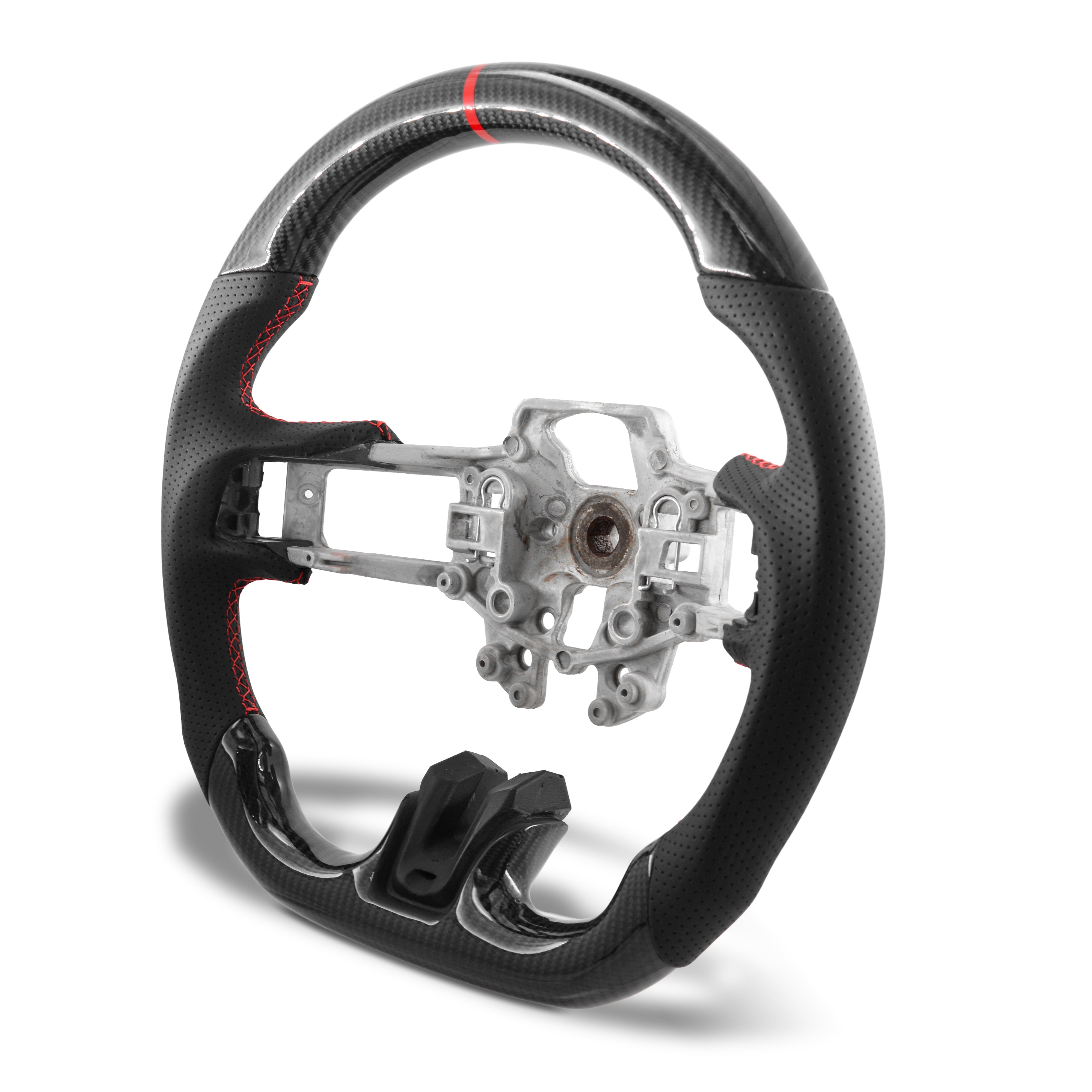2015–2023 Ford Mustang carbon fiber steering wheel core installed interior view with black perforated leather and red center stripe