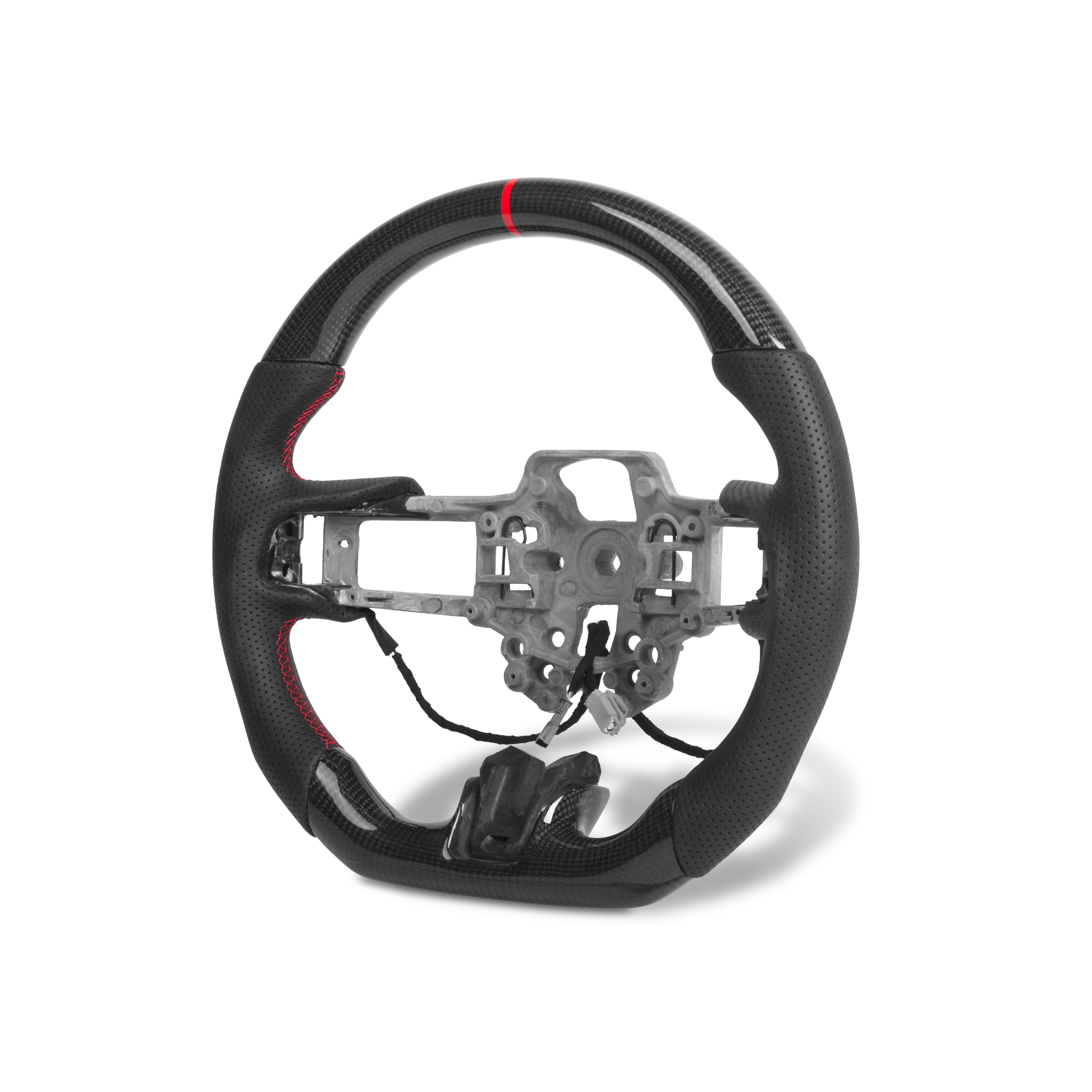 2018–2023 Ford Mustang heated carbon fiber steering wheel installed interior view with black perforated leather and red center stripe