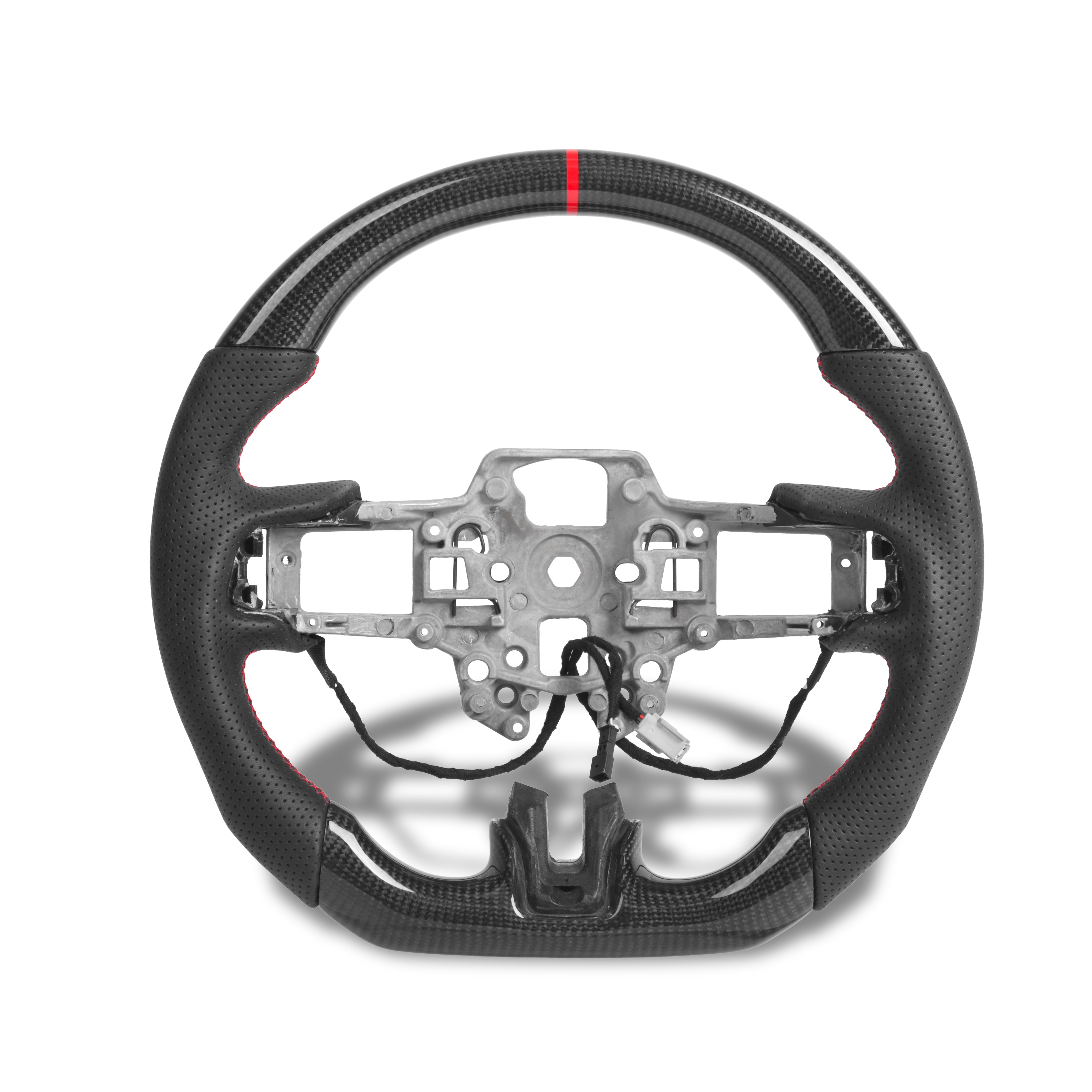 2019 Mustang GT interior upgraded with heated carbon fiber steering wheel red stitching and performance styling