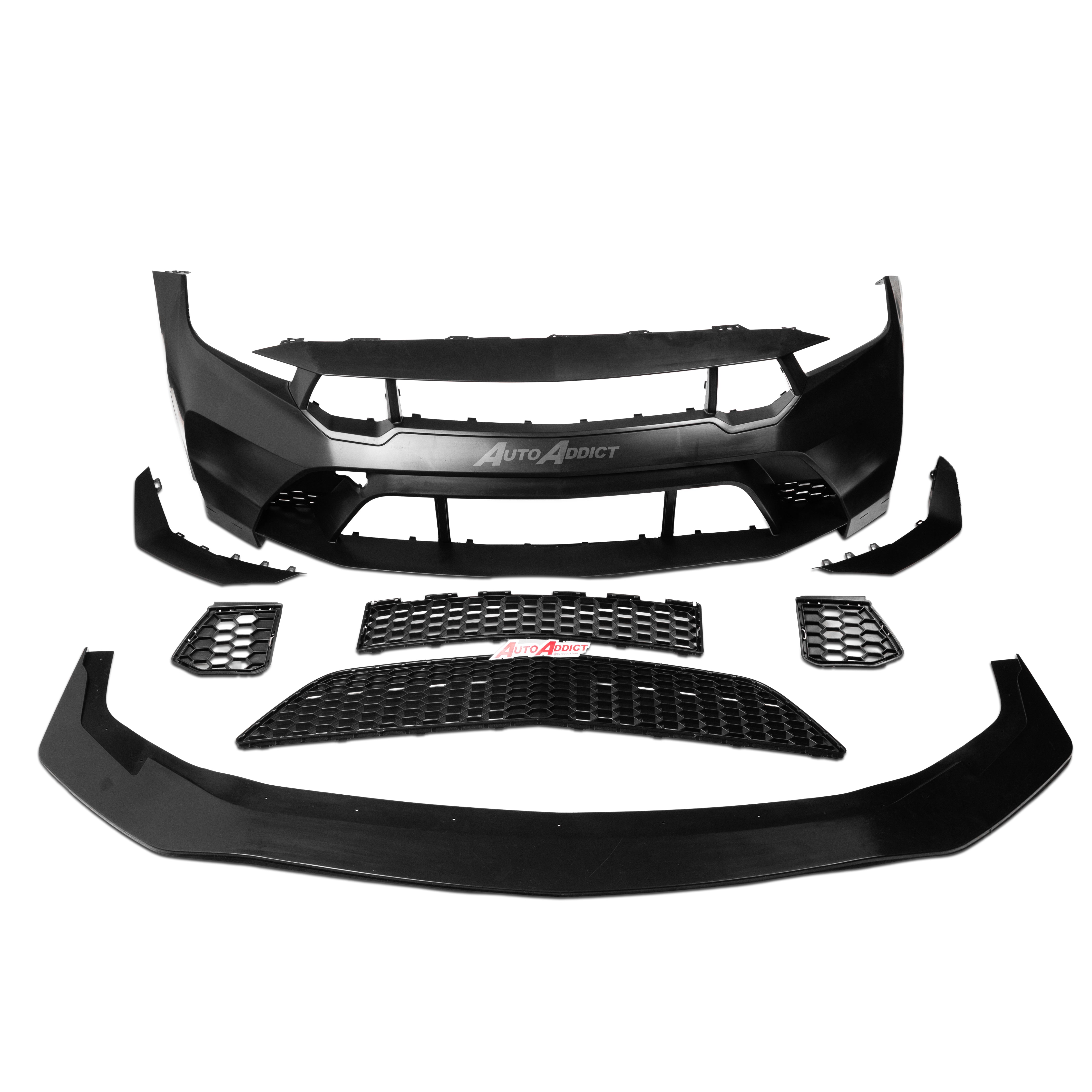 Car bumper and grille set with 'Auto Addict' branding on a white background