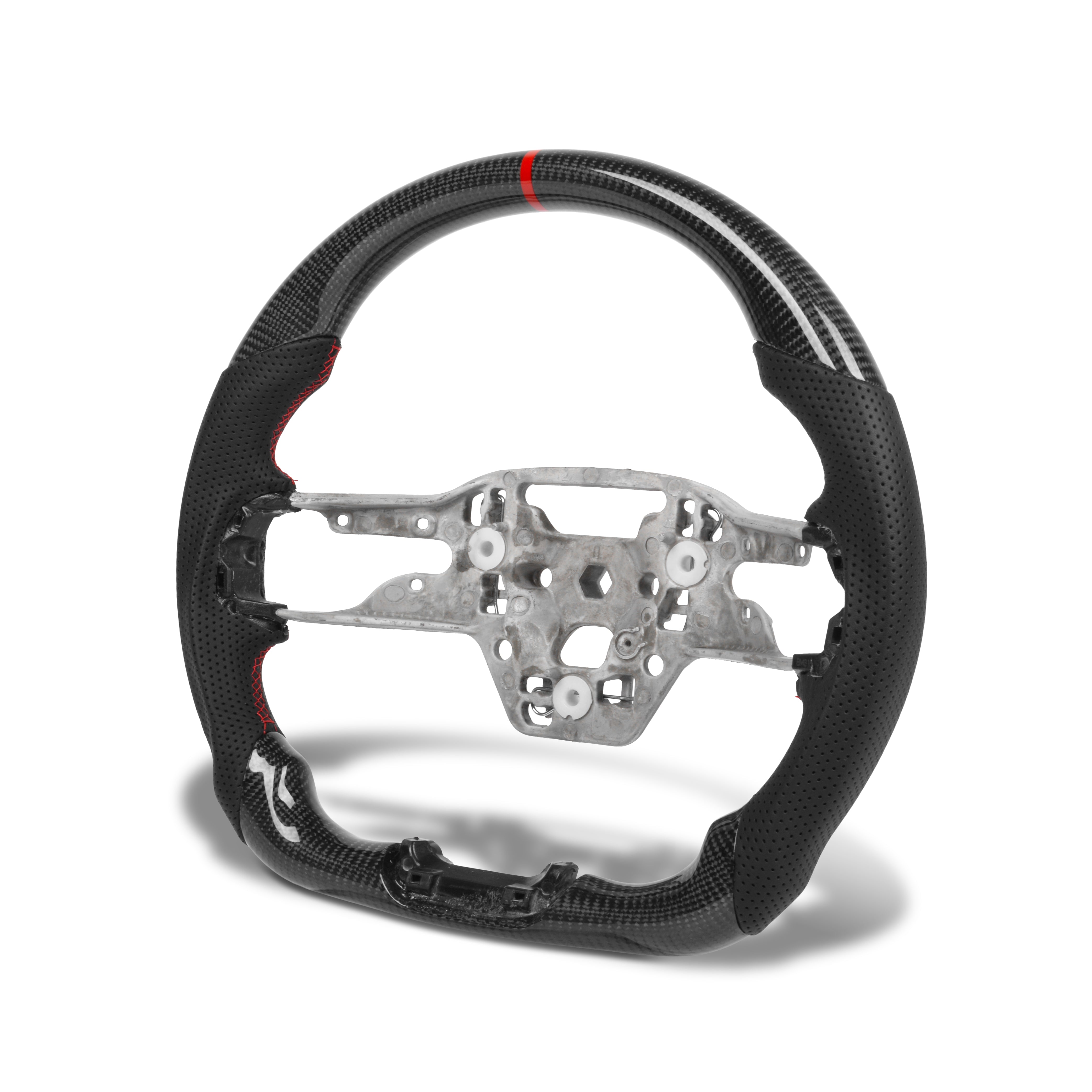 2024–2026 Ford Mustang S650 carbon fiber steering wheel core installed interior view with black perforated leather and red center stripe