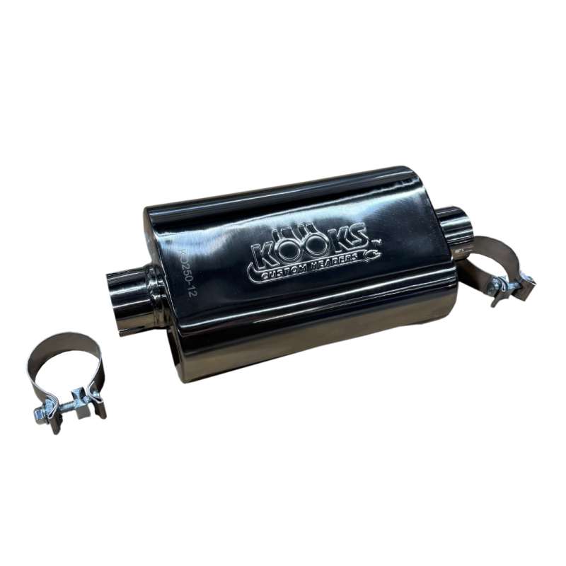 Kooks 2.5in Oval Clamp In Muffler 12in Long Body Polished Stainless Steel