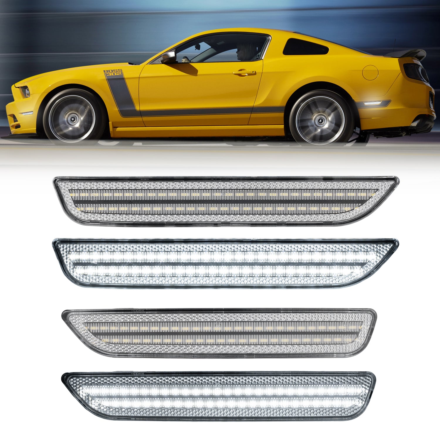 Yellow car with four different car grilles displayed below on a white background