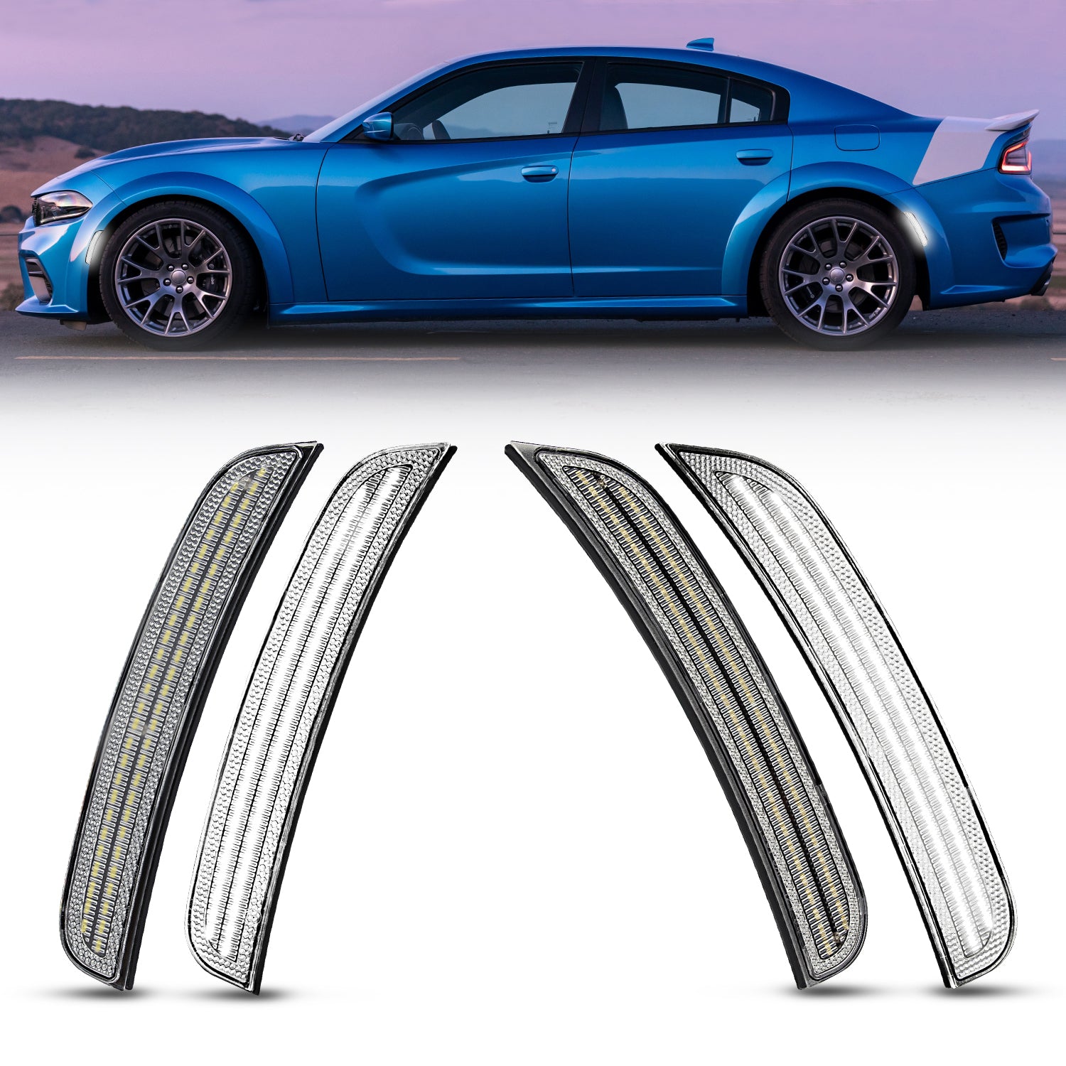 Auto Addict USA 2015–2024 Dodge Charger clear white LED side markers installed front and rear view
