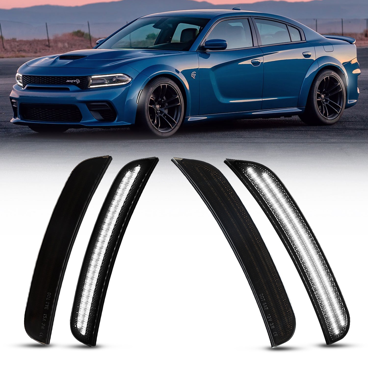 Auto Addict USA 2015–2024 Dodge Charger smoked white LED side markers installed front and rear view