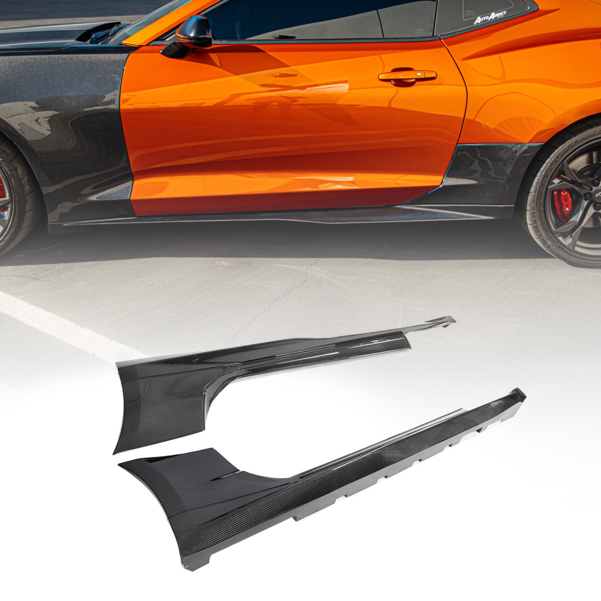 Auto Addict USA 2016 Camaro SS ZL1 style gloss carbon fiber side skirt rocker panels installed