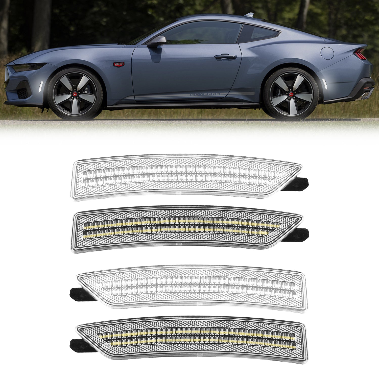 Auto Addict USA 2024–2026 Ford Mustang S650 clear white LED side markers front and rear installed