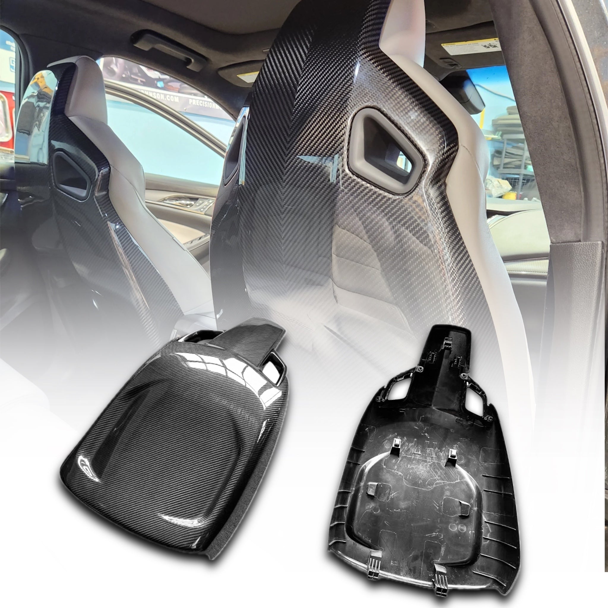 Carbon fiber car seat covers inside a vehicle
