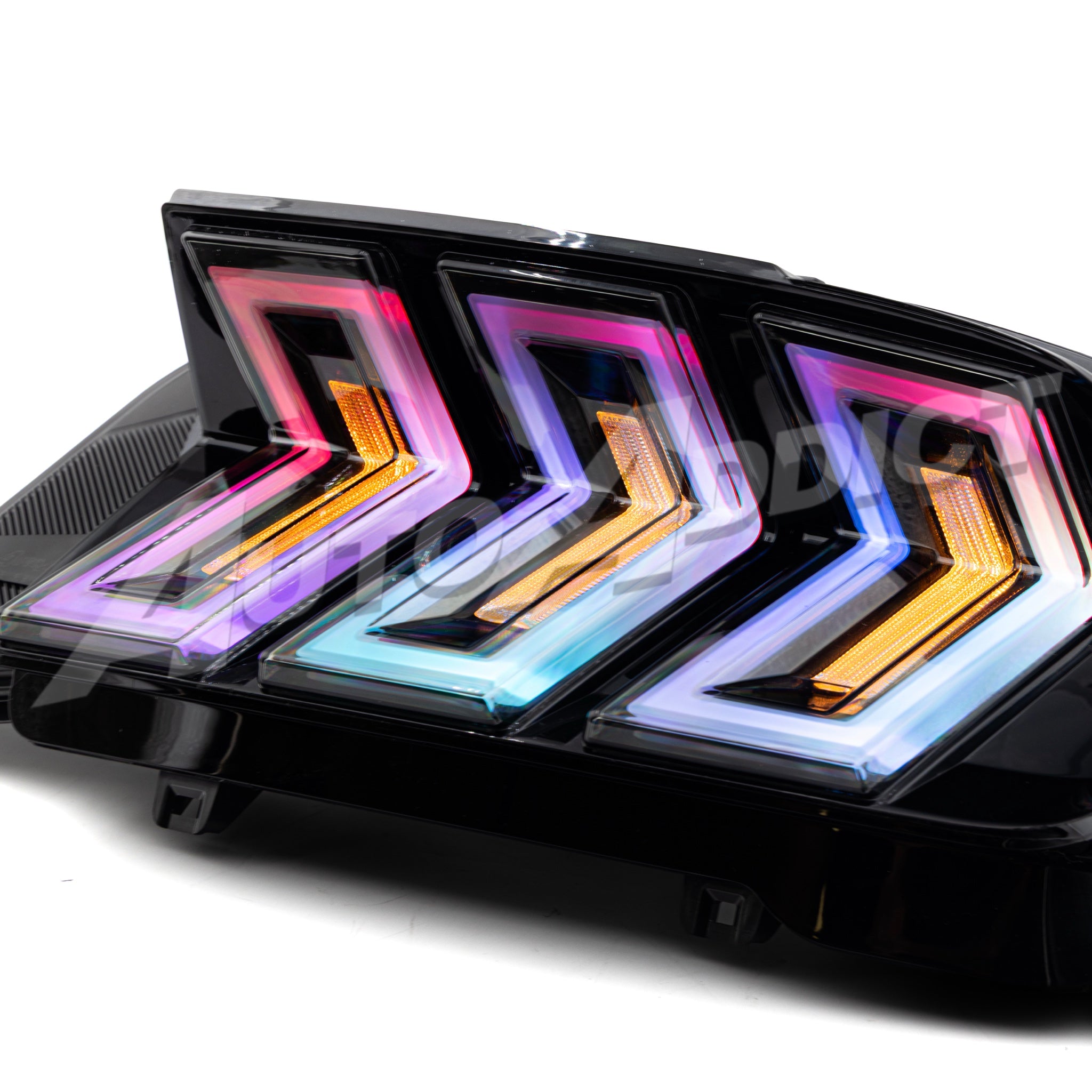 Close-up of Auto Addict USA Heritage-X RGB LED taillight housing for Mustang S550