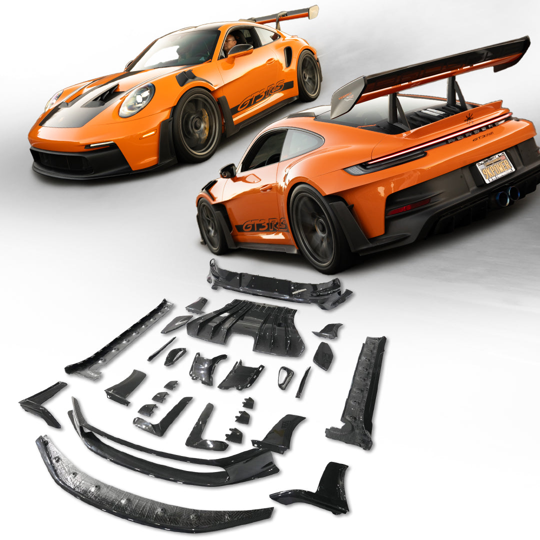 Orange sports car with its parts displayed below on a white background