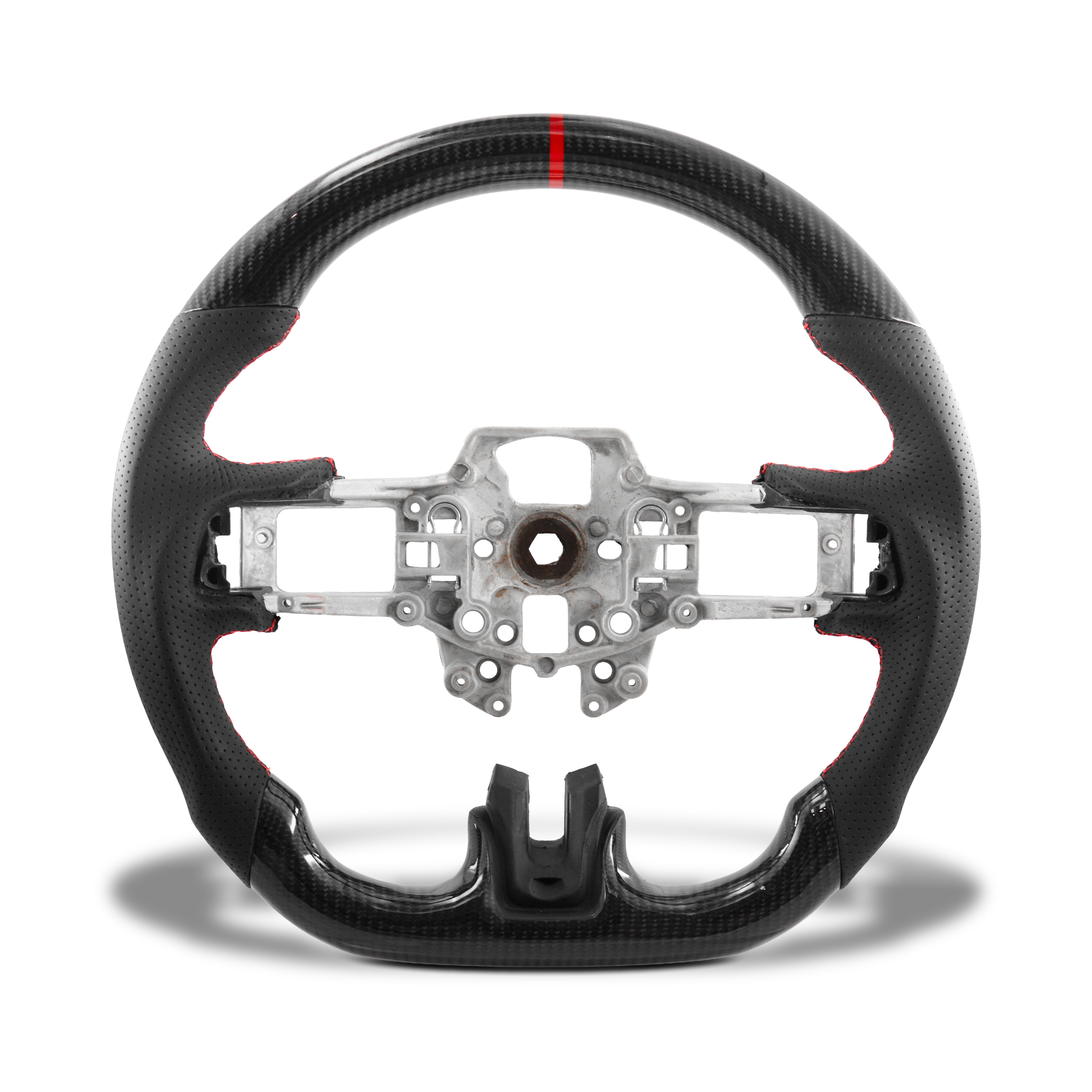 Red center alignment ring detail on carbon fiber steering wheel core for 2018–2023 Ford Mustang