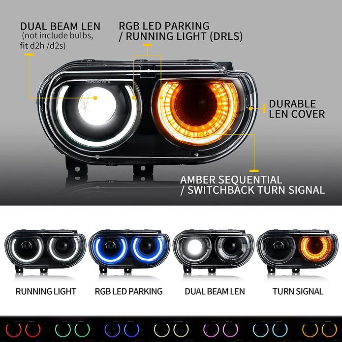 2008-2014 Dodge Challenger RGB Color Change OEM Replica Headlights Projector LED Lights