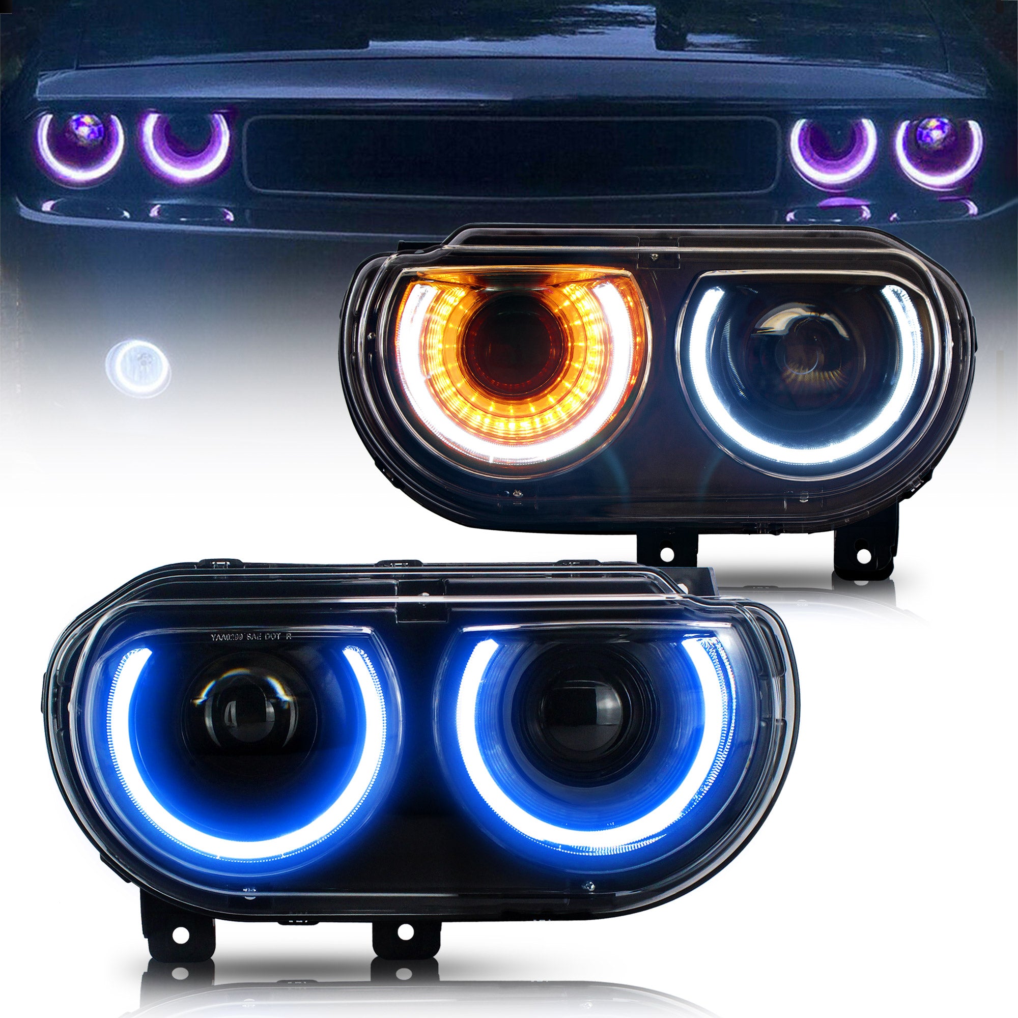 2008-2014 Dodge Challenger RGB Color Change OEM Replica Headlights Projector LED Lights