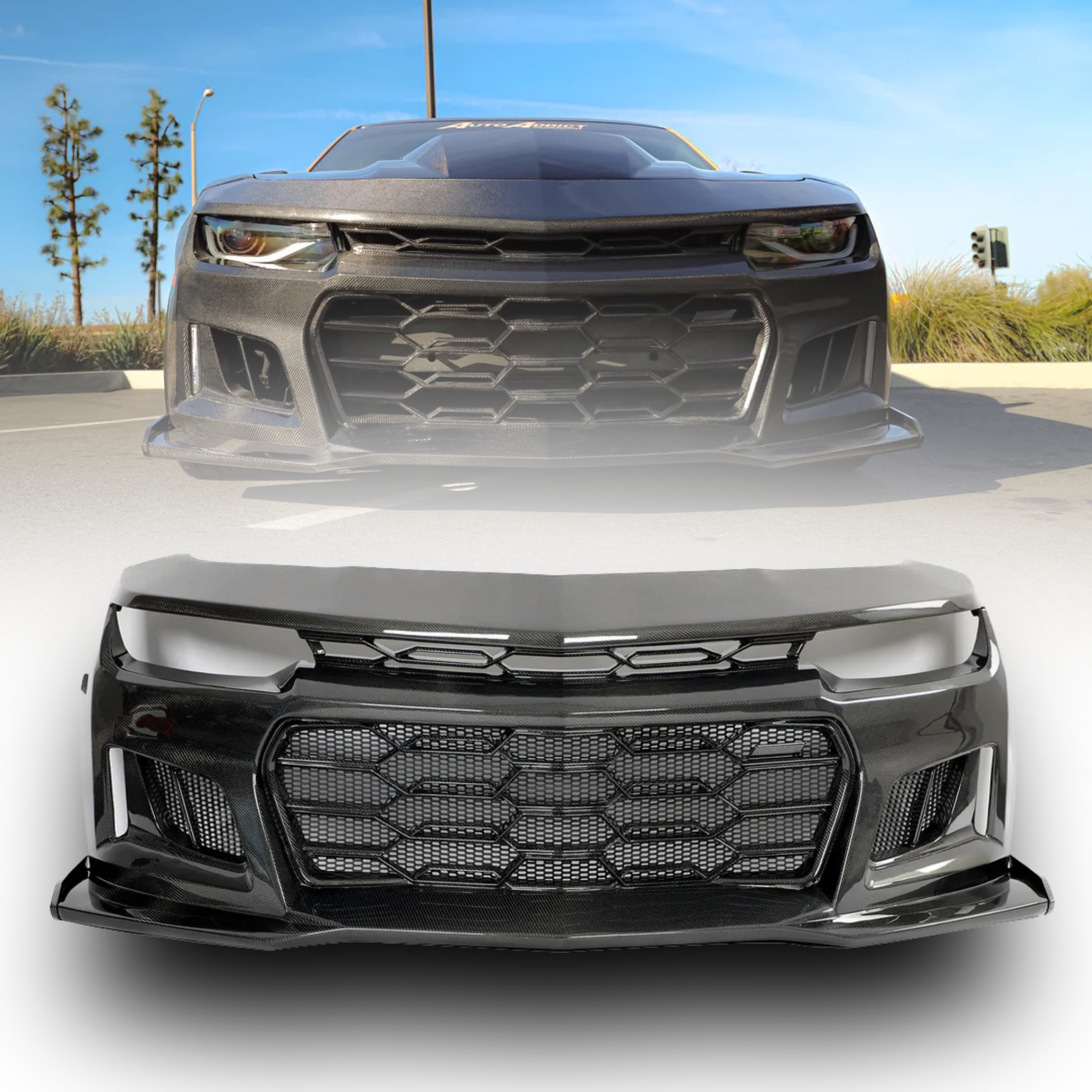 2010-2015 Chevy Camaro Black Panther 1PC Full Gloss Carbon Fiber Track Package Front Bumper Conversion