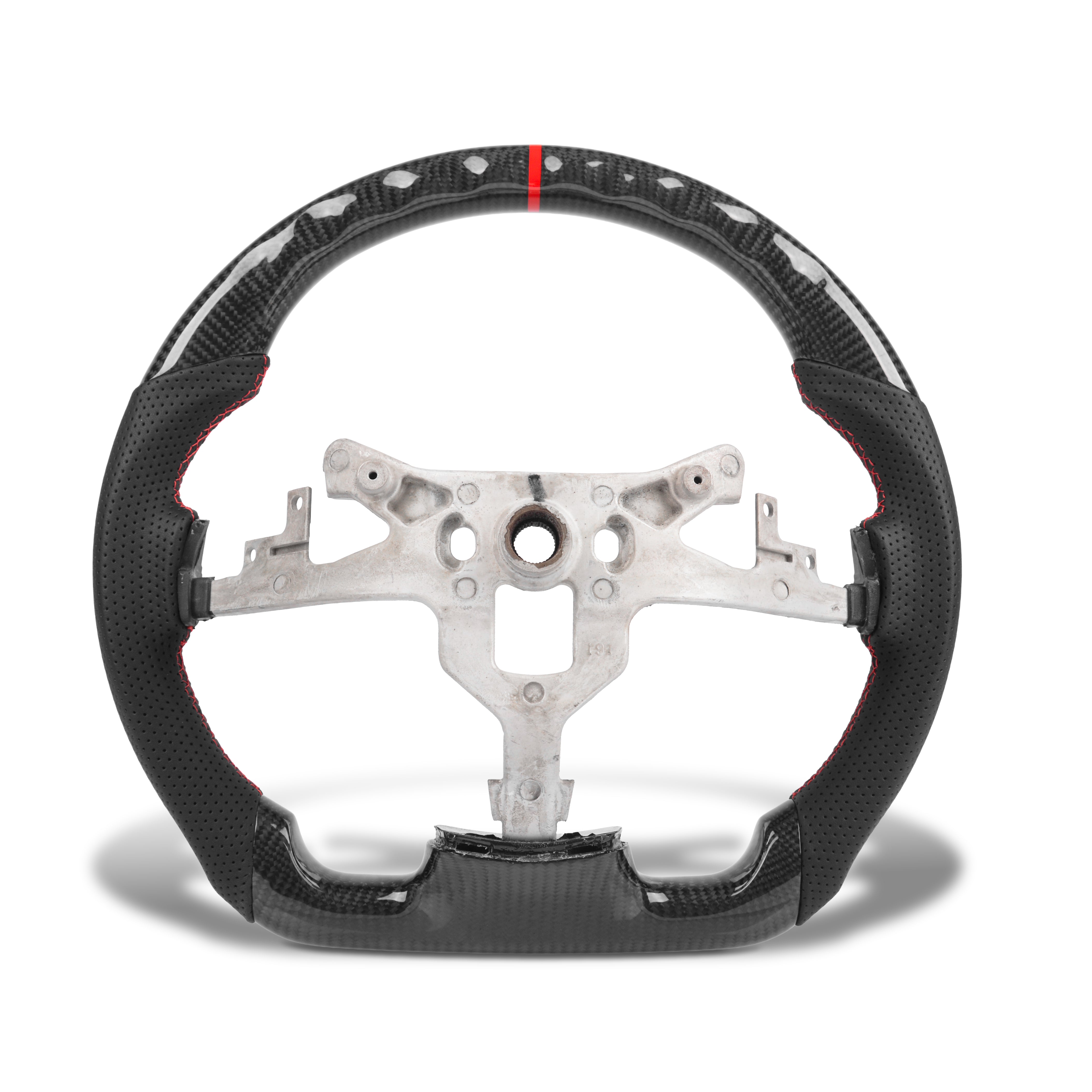 2011 Corvette C6 interior Auto Addict USA carbon fiber steering wheel core installed with black perforated leather grips and performance styling