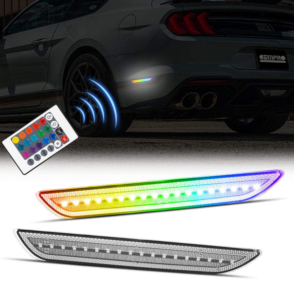 Car LED side marker lights with remote control in front of a car.