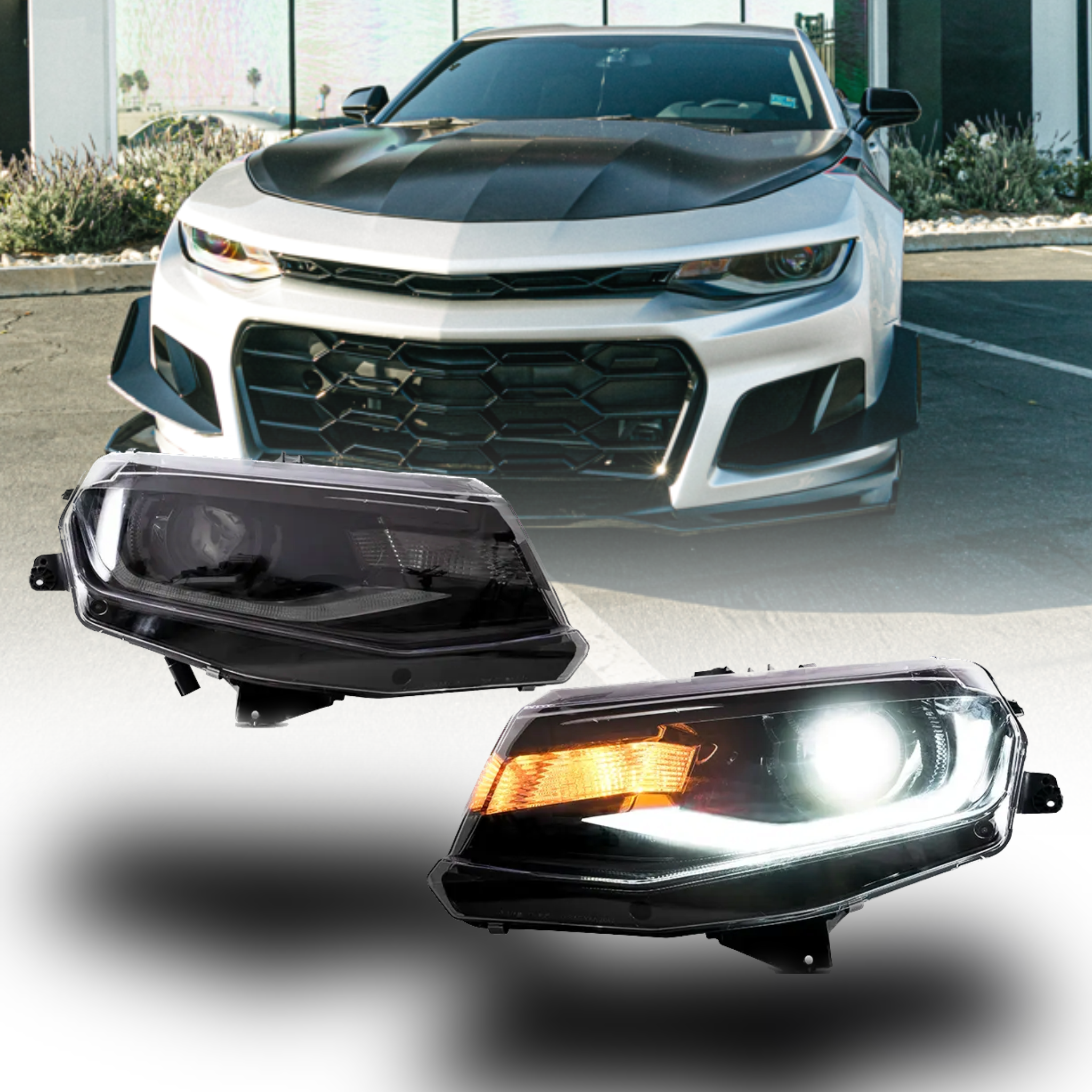 2016-2018 Chevy Camaro OEM Replica Headlights – Amber Sequential LED, Built-in Low/High Beams