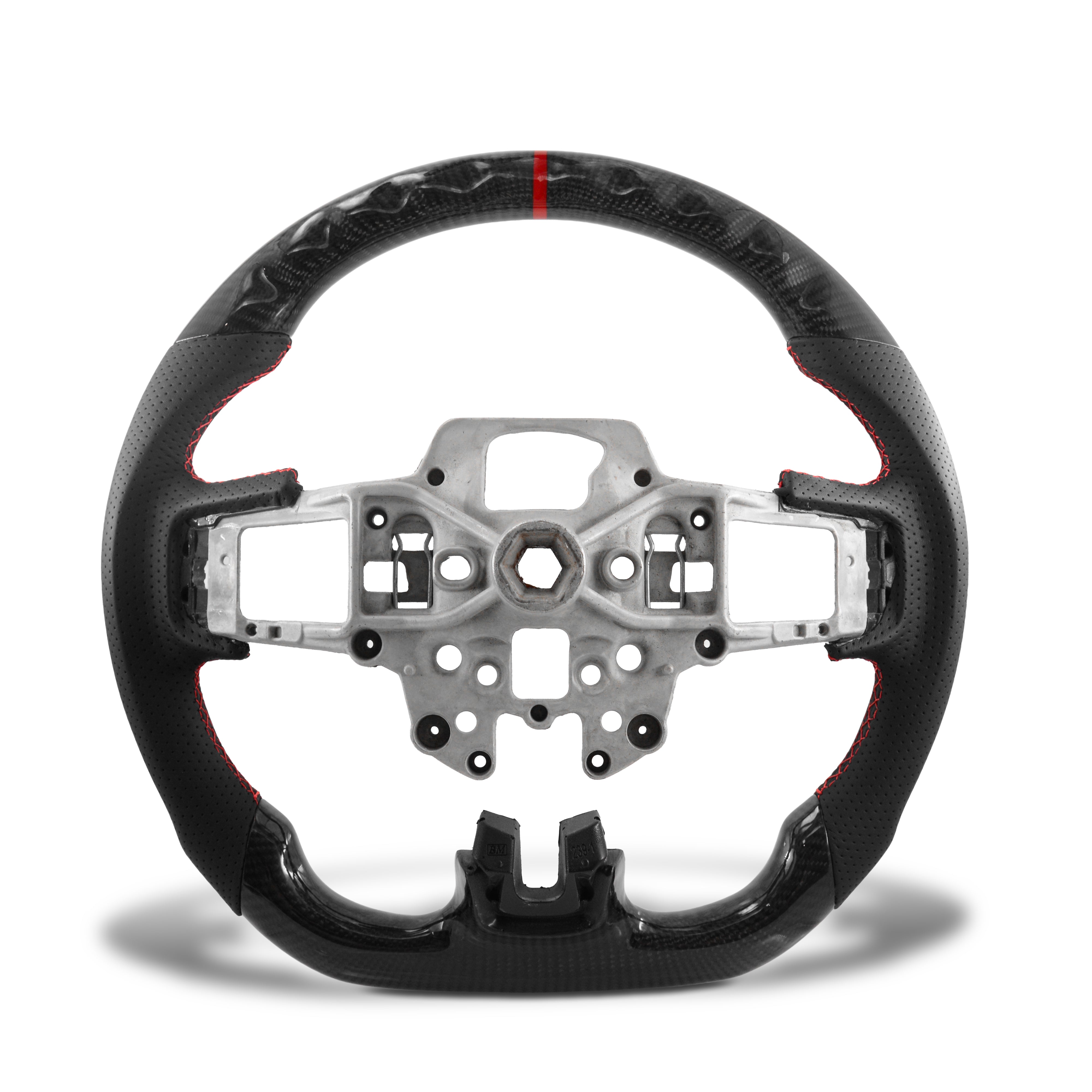 2018 Mustang GT interior upgraded with carbon fiber steering wheel core red stitching and red alignment ring