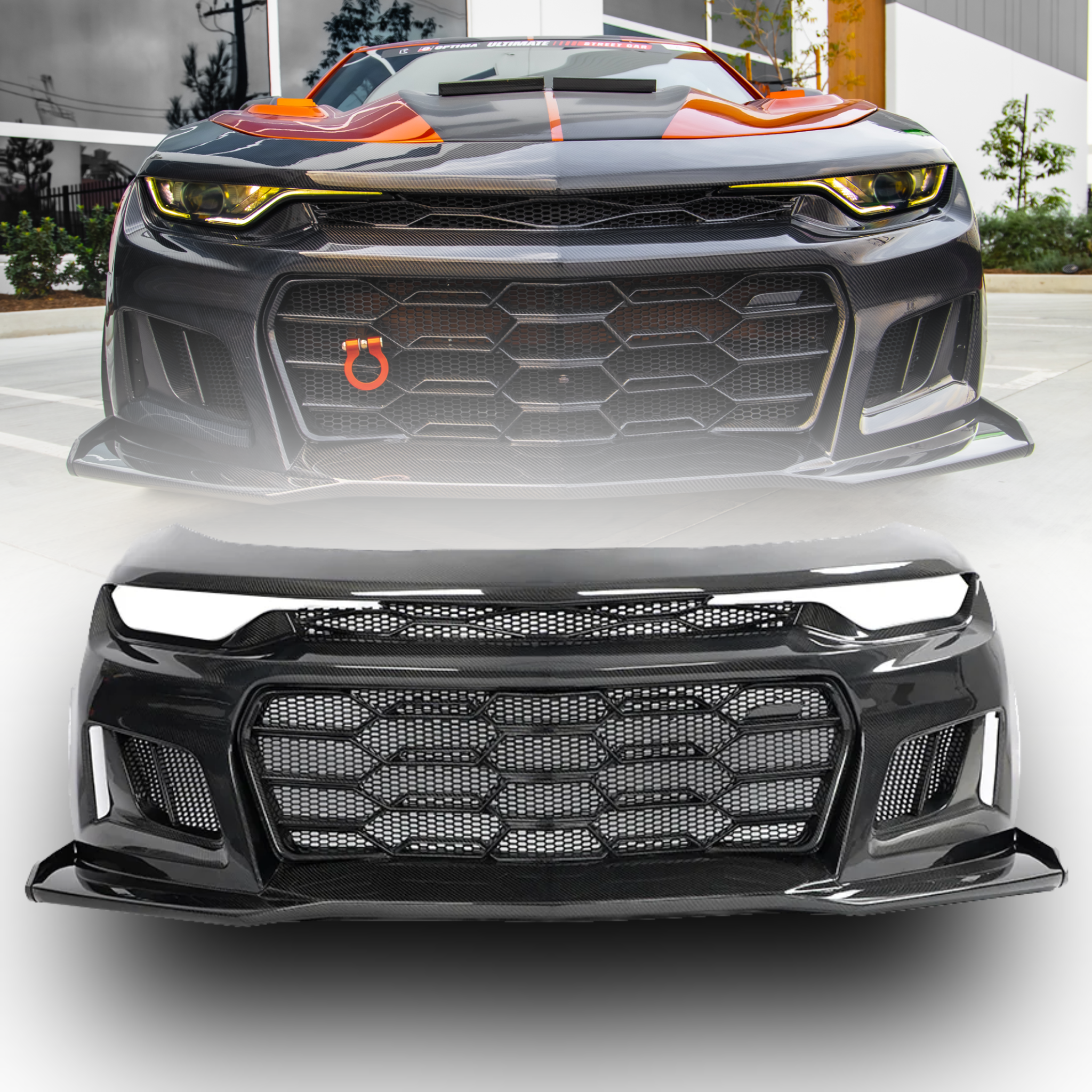 2019-2025 Chevy Camaro SS RS LT Black Panther ZL1 1LE 1PC Full Gloss Carbon Fiber Track Package Front Bumper Conversion for RS Headlights