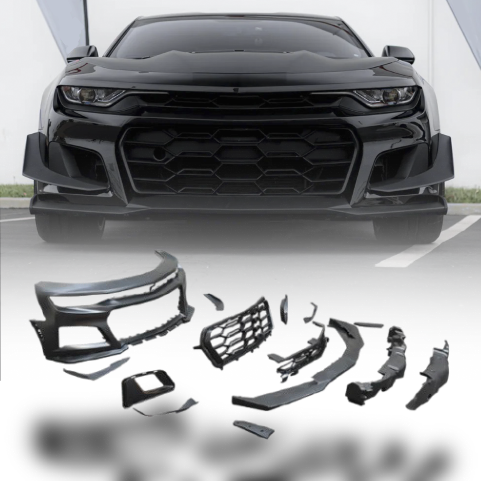 Paquete de conversión de parachoques delantero para Chevy Camaro ZL1 1LE Track 2019-2025, 13 piezas, kit completo, negro plano para faros RS 