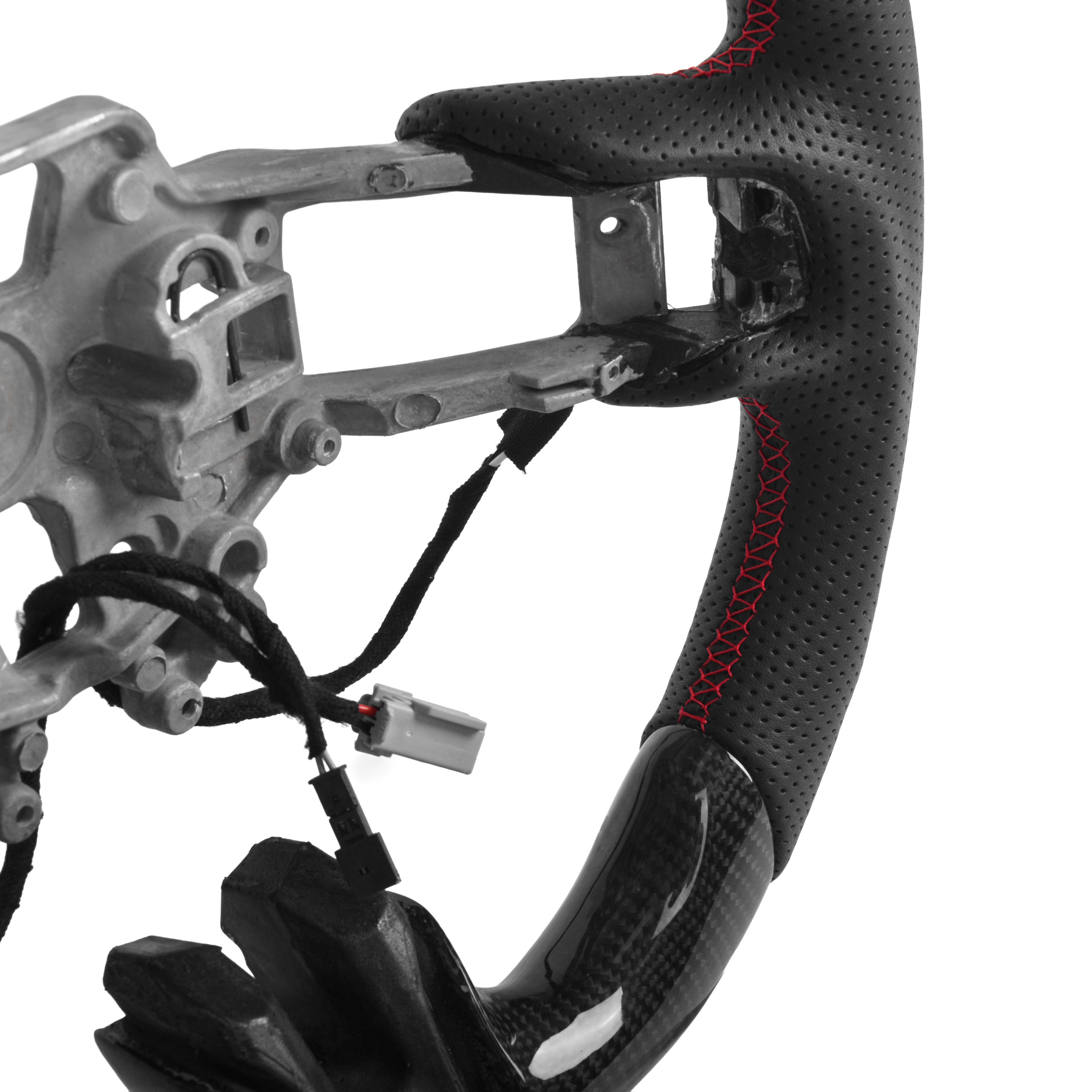 2021 Ford Mustang steering wheel with heated carbon fiber core installed showing OEM fitment and driver cockpit view