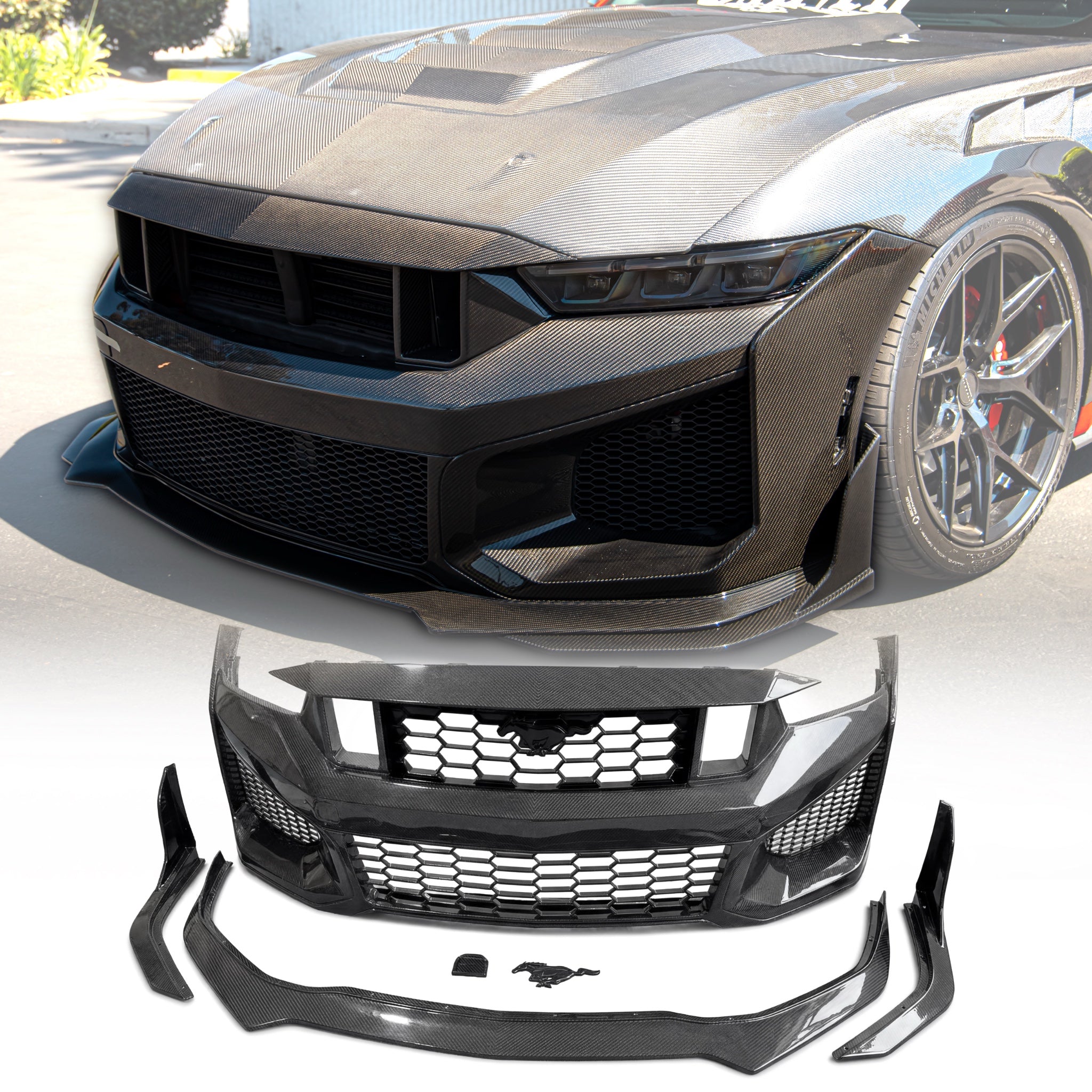 2024-2026 Mustang S650 Heritage SC V-Shaped dry gloss carbon fiber bumper kit manufactured by Auto Addict USA