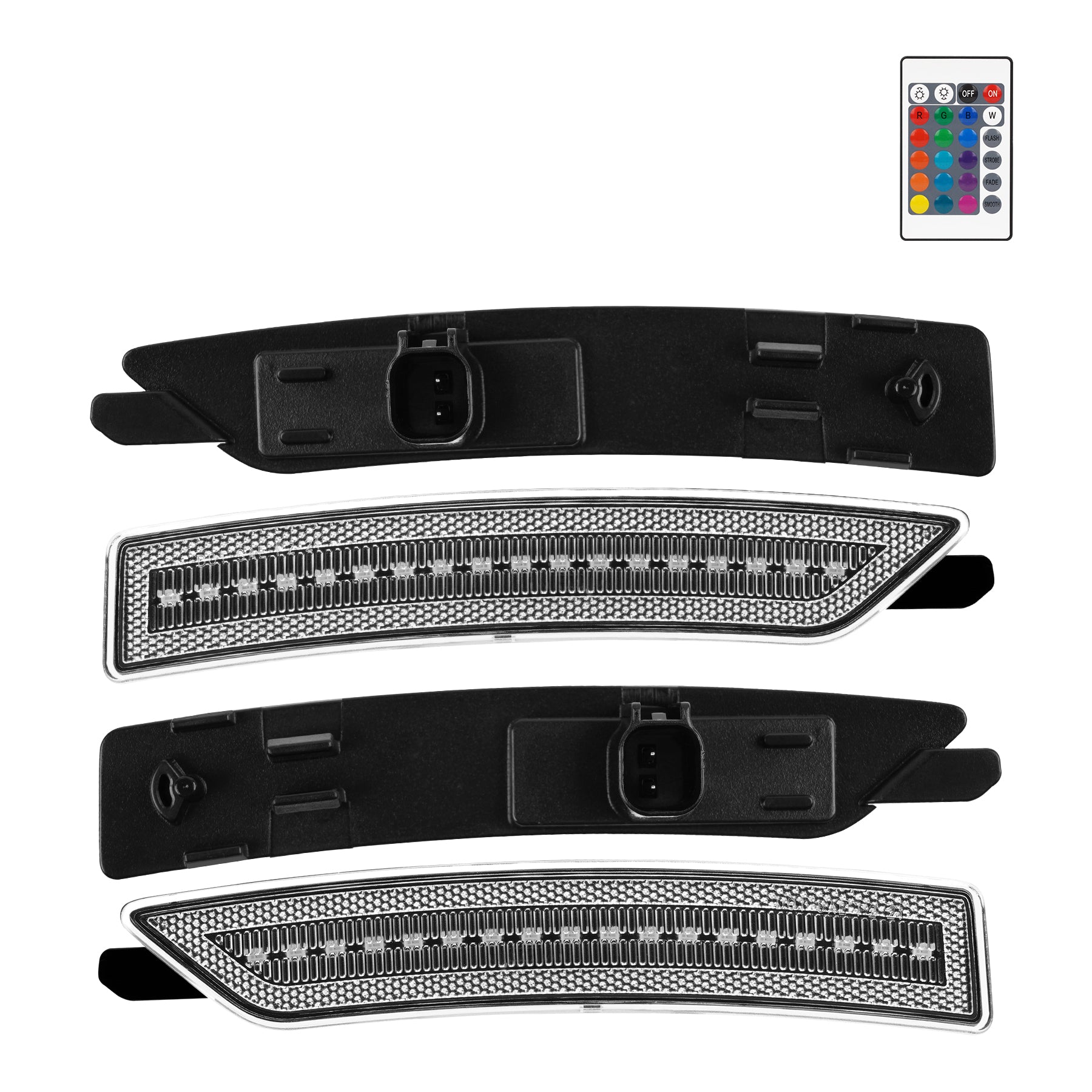 Set of car LED lights with a remote control on a white background