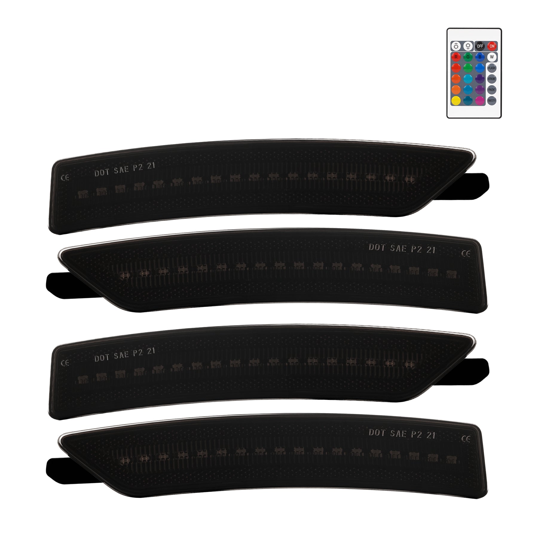 Four black car sunshades with a remote control on a white background