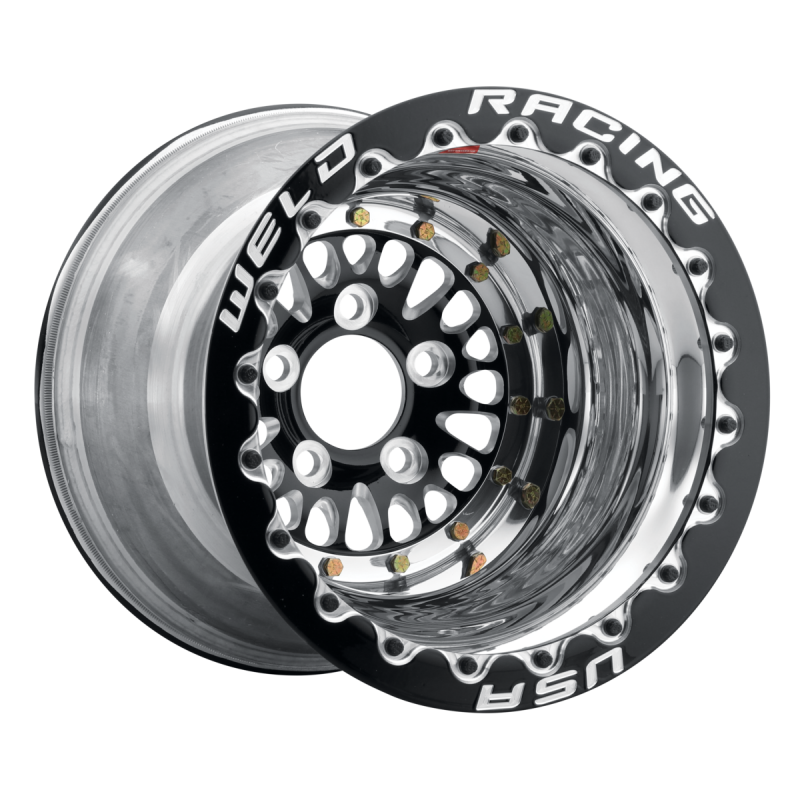Weld RPM 15x12 / 5x4.75 / 3 BS / 3.18 HB - Black Center - Polished Shell - Black DBL MT Wheel