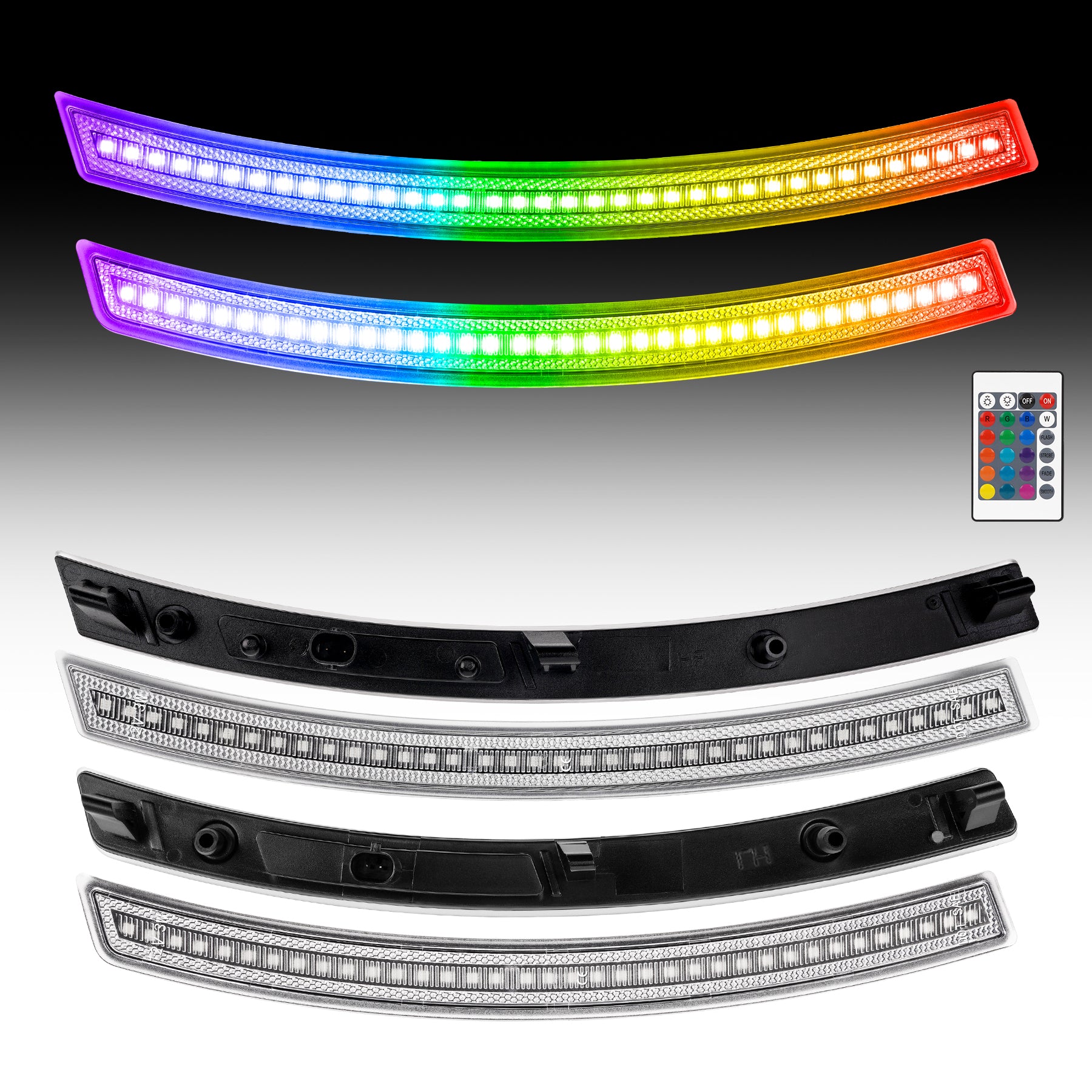 Set of LED strip lights in rainbow colors with a remote control on a gray background