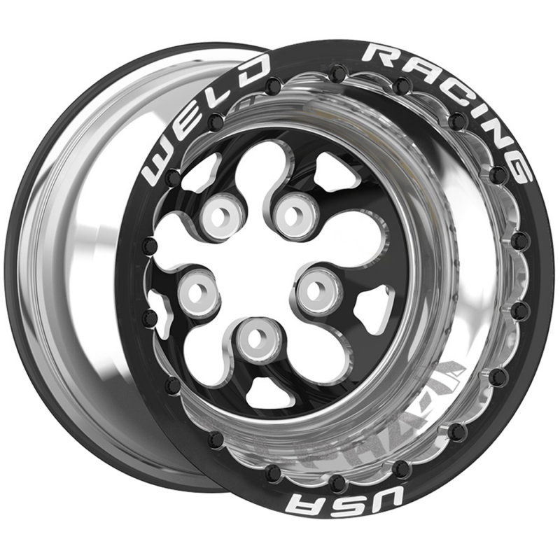 Weld Alpha-1 15x10 / 5x4.75 / 5 BS / 3.18 HB - Black Center - Polished Shell - Black SBL MT Wheel