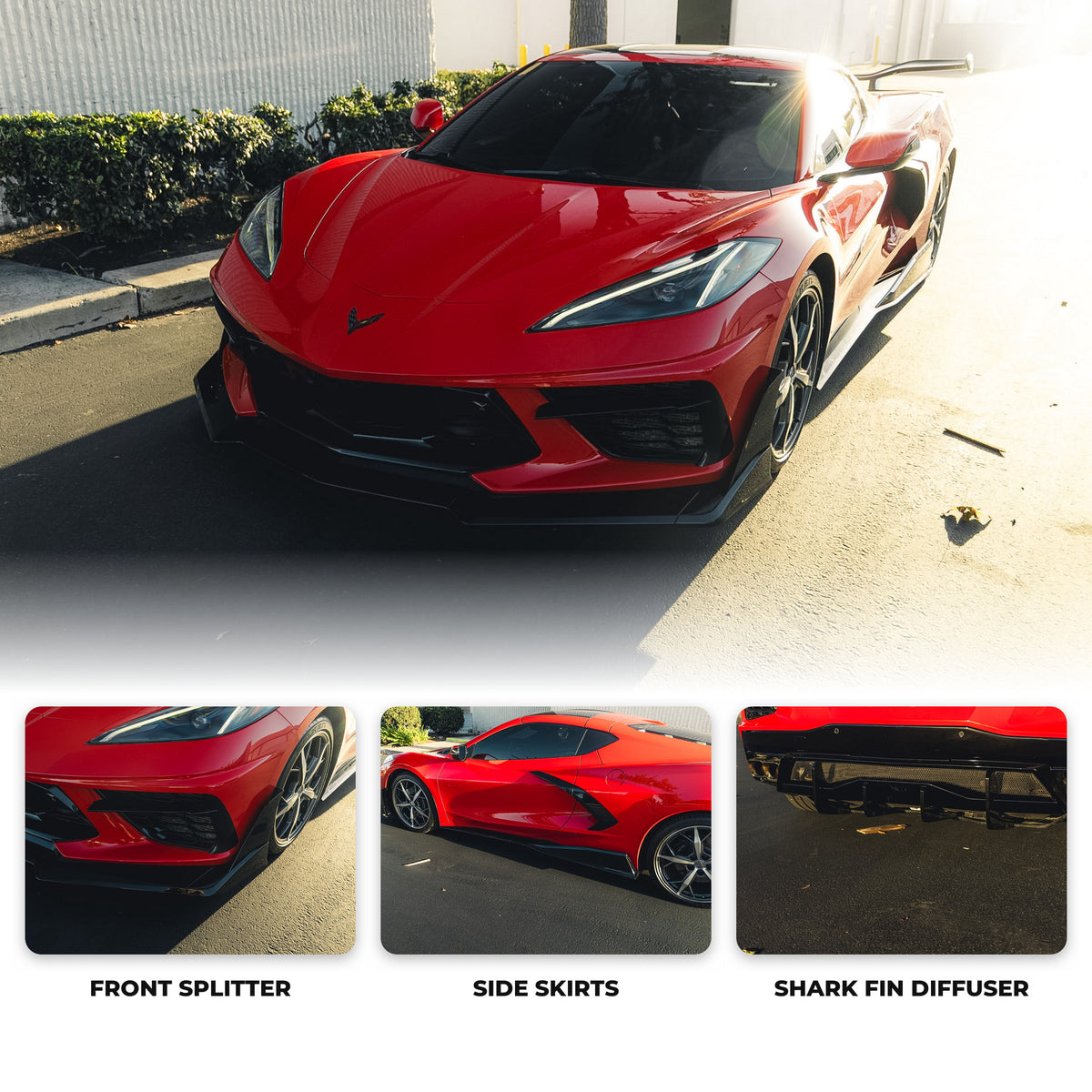 2020-2025 Corvette C8 Stingray EVO Kit Bundle with front splitter, side skirts and shark fin diffuser