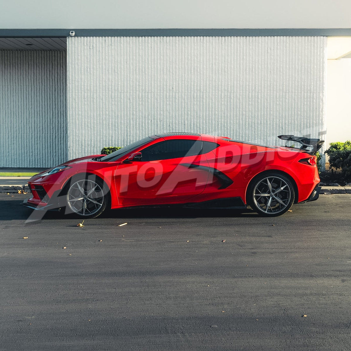 Corvette C8 Stingray EVO Kit side profile with gloss black splitter, side skirts and rear diffuser