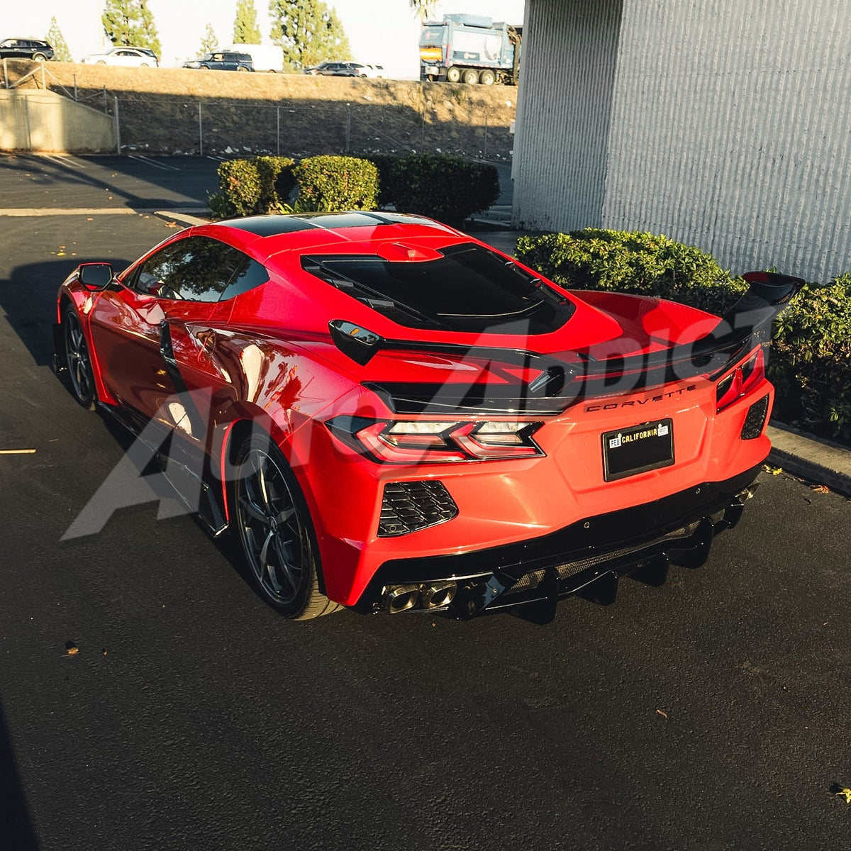 Corvette C8 Stingray rear 3/4 view with shark fin rear diffuser module