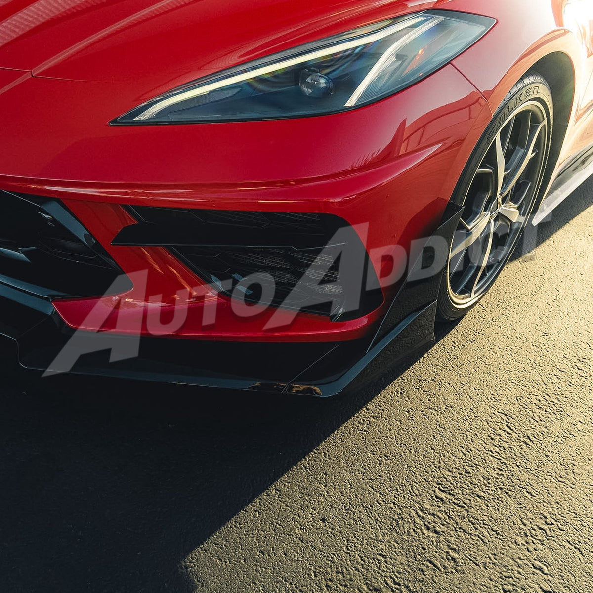 Close-up of EVO style front chin splitter on Corvette C8 Stingray