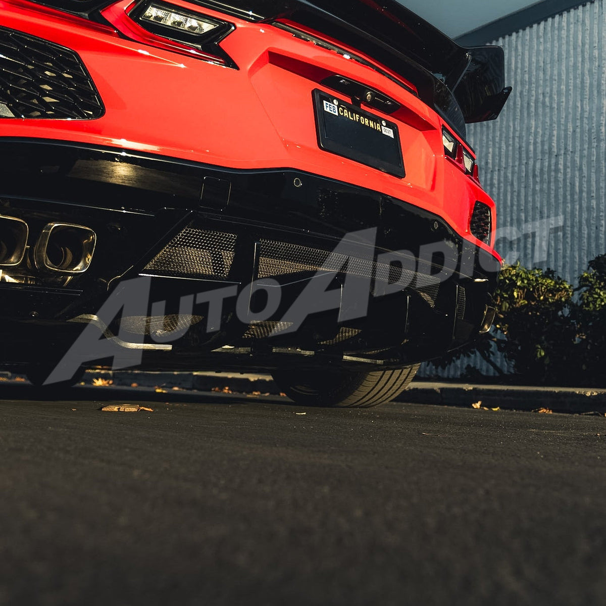 Low angle view of Corvette C8 Stingray shark fin rear diffuser