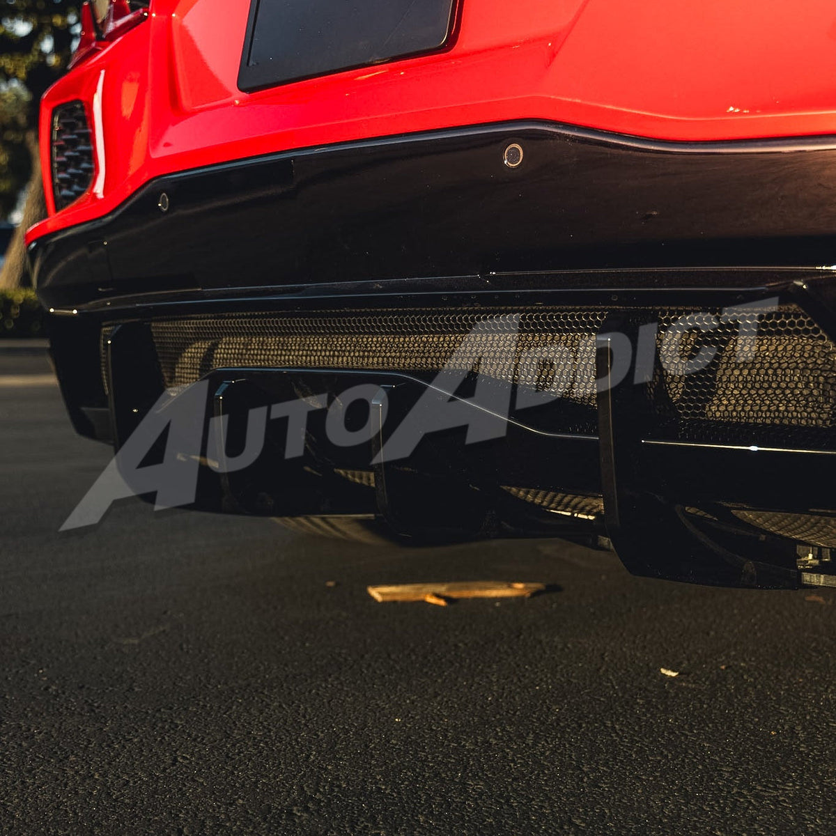 Close-up of shark fin diffuser module on Corvette C8 Stingray