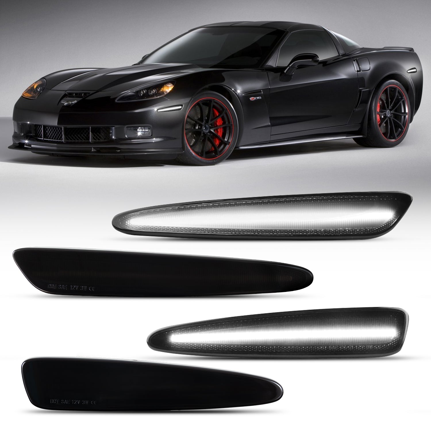 Auto Addict USA 2005–2013 Chevrolet Corvette C6 smoked white LED side markers front and rear installed