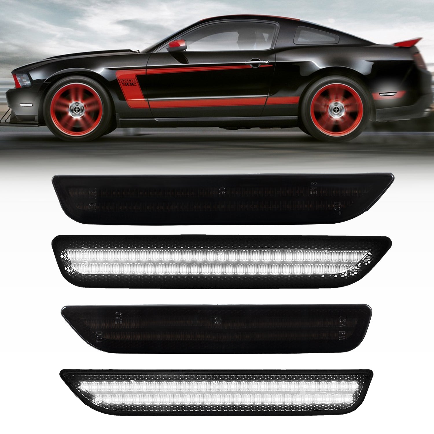 Set of car LED lights with a black and red sports car in the background