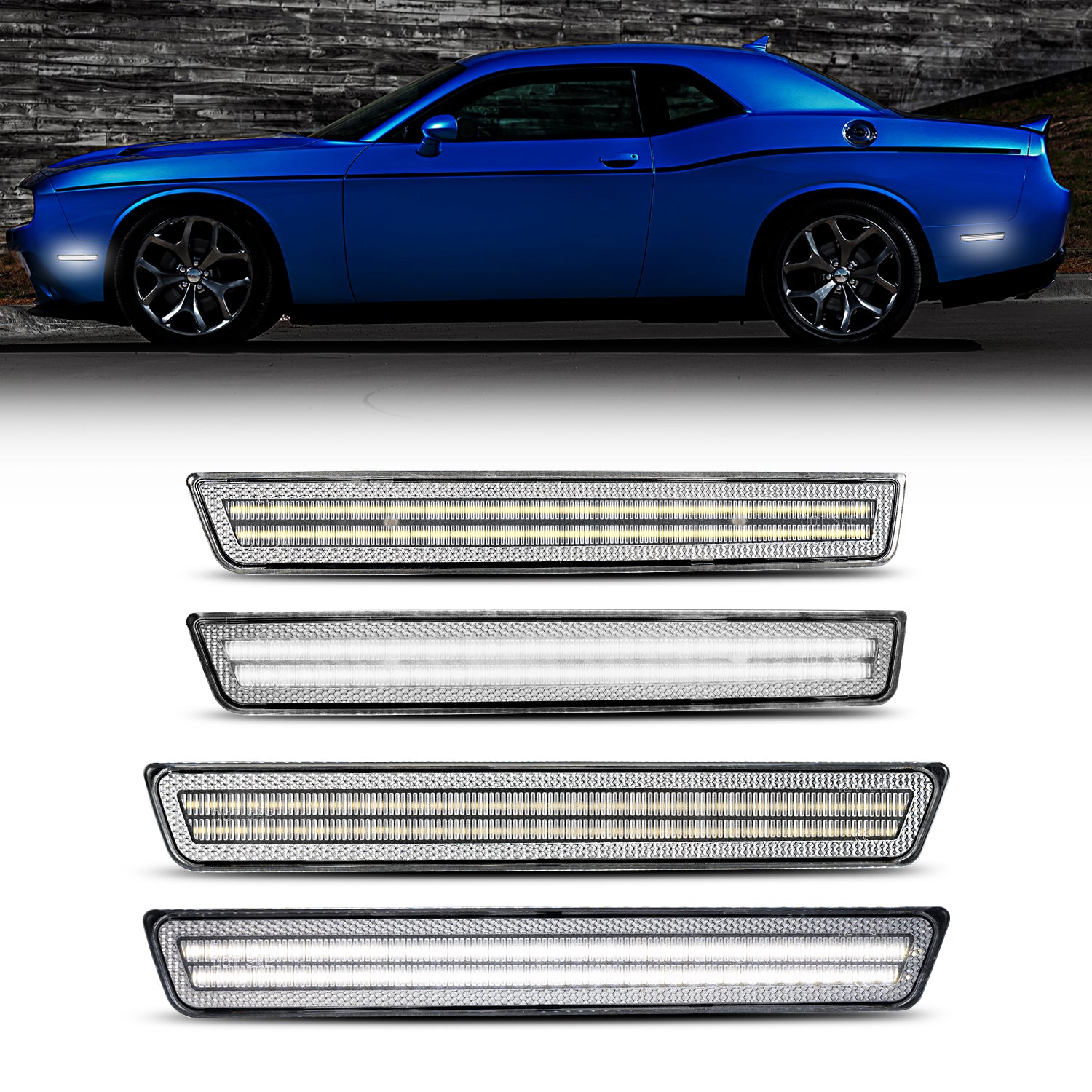 Auto Addict USA 2015–2024 Dodge Challenger clear white LED side markers installed front and rear view