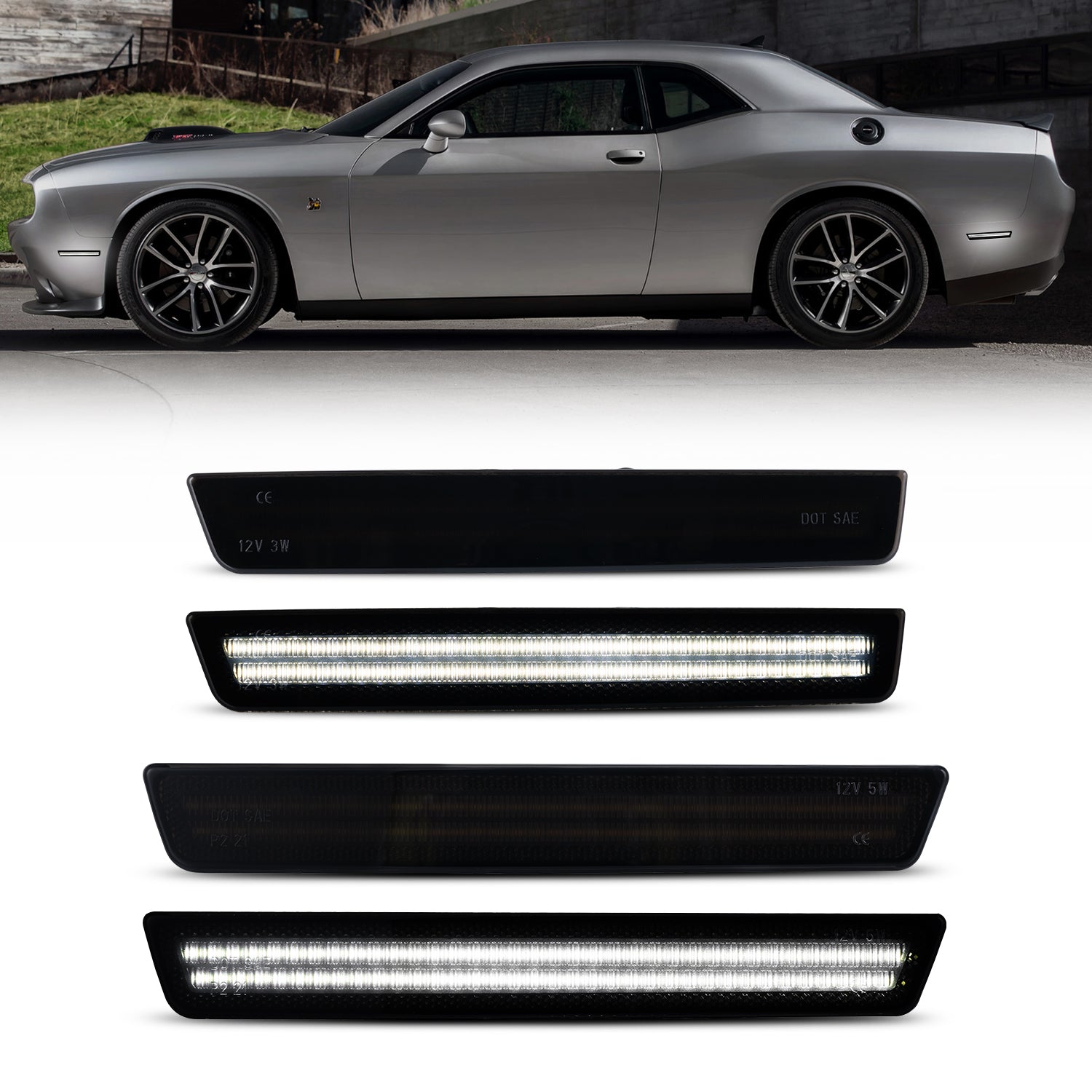 Auto Addict USA 2015–2024 Dodge Challenger smoked white LED side markers installed front and rear view