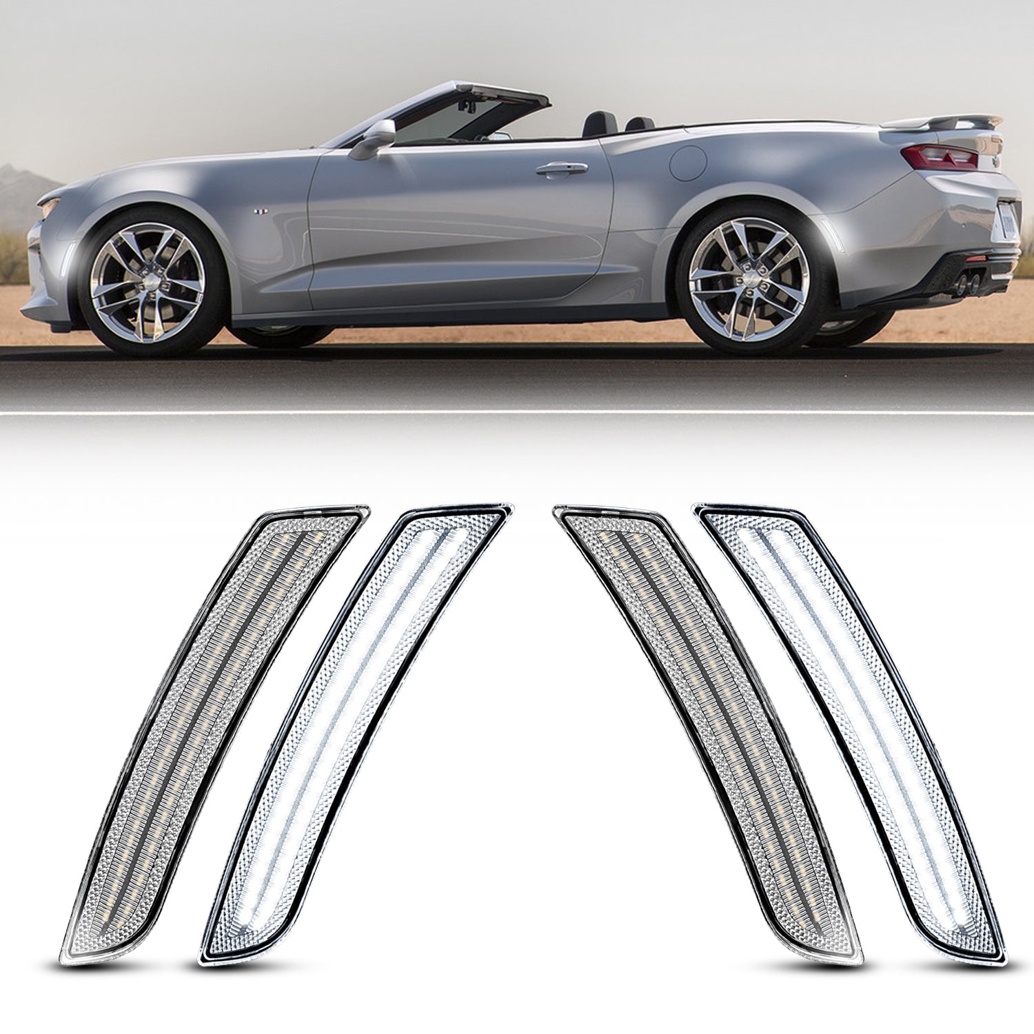 Car convertible with four car fog lights displayed below on a white background