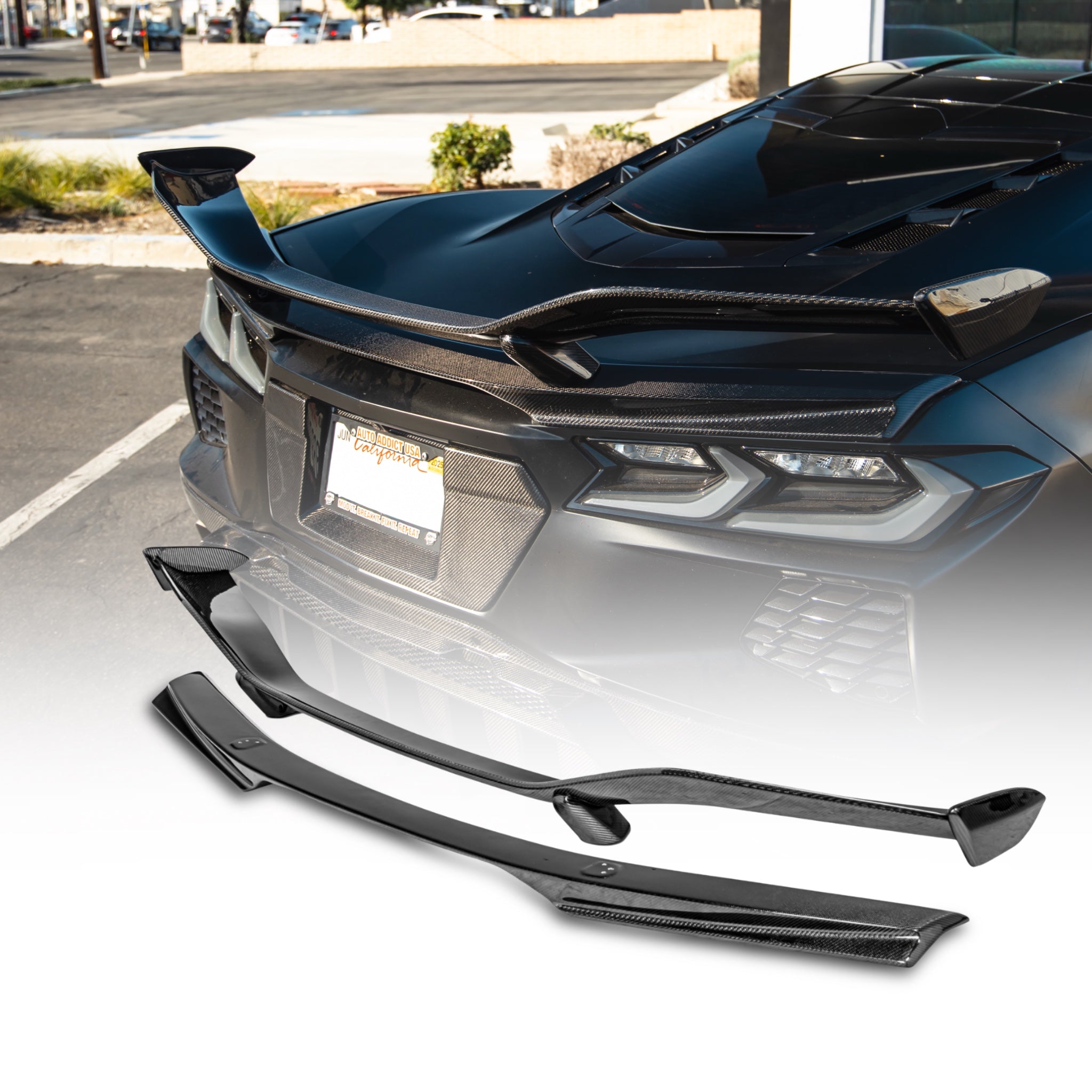 Auto Addict USA 2020 Corvette C8 Stingray Type Z07 style carbon fiber rear spoiler installed