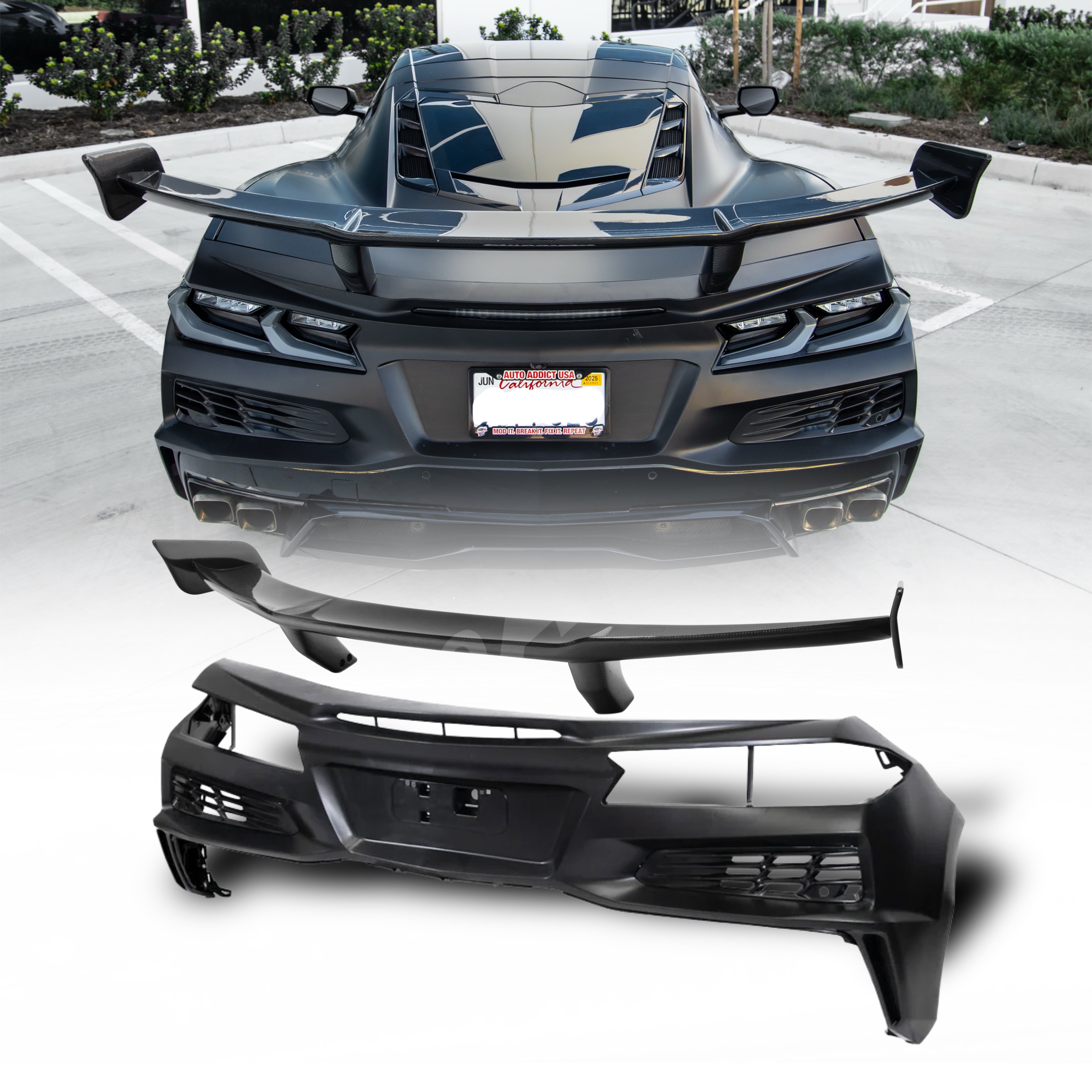 Auto Addict USA C8 Corvette Stingray Type-ZR1 carbon fiber rear spoiler with Z06 rear bumper conversion