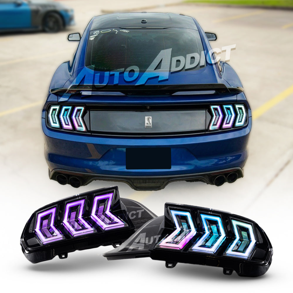 Auto Addict USA Heritage-X RGB taillights for 2015-2023 Mustang S550 with amber sequential turn signal animation