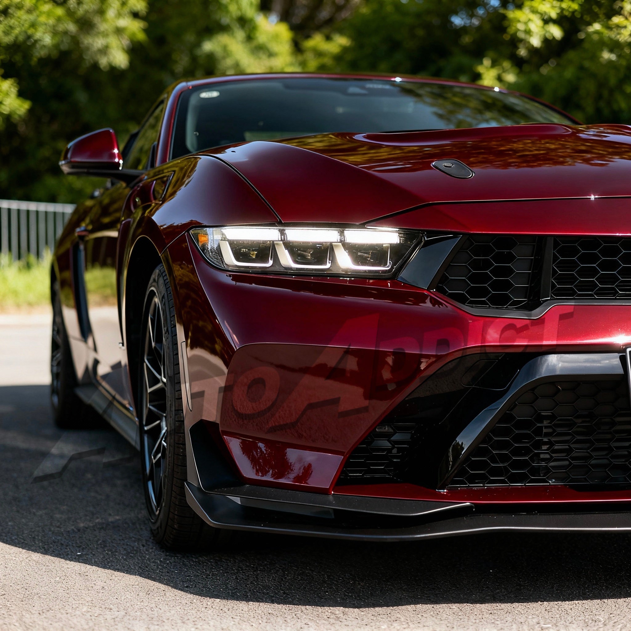 Red sports car on a road with trees in the background
