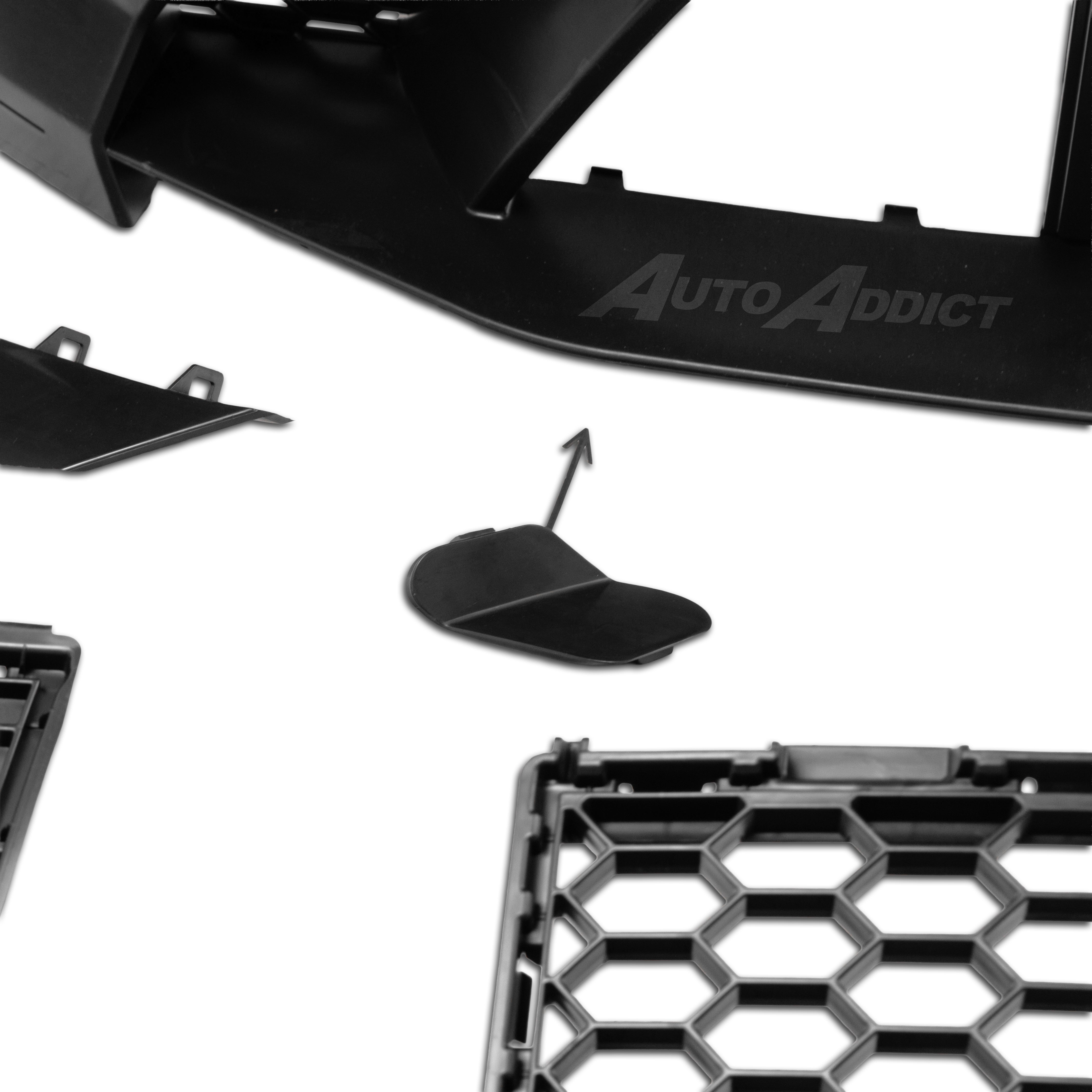 Black car grille and bumper components with 'AutoAddict' branding on a white background