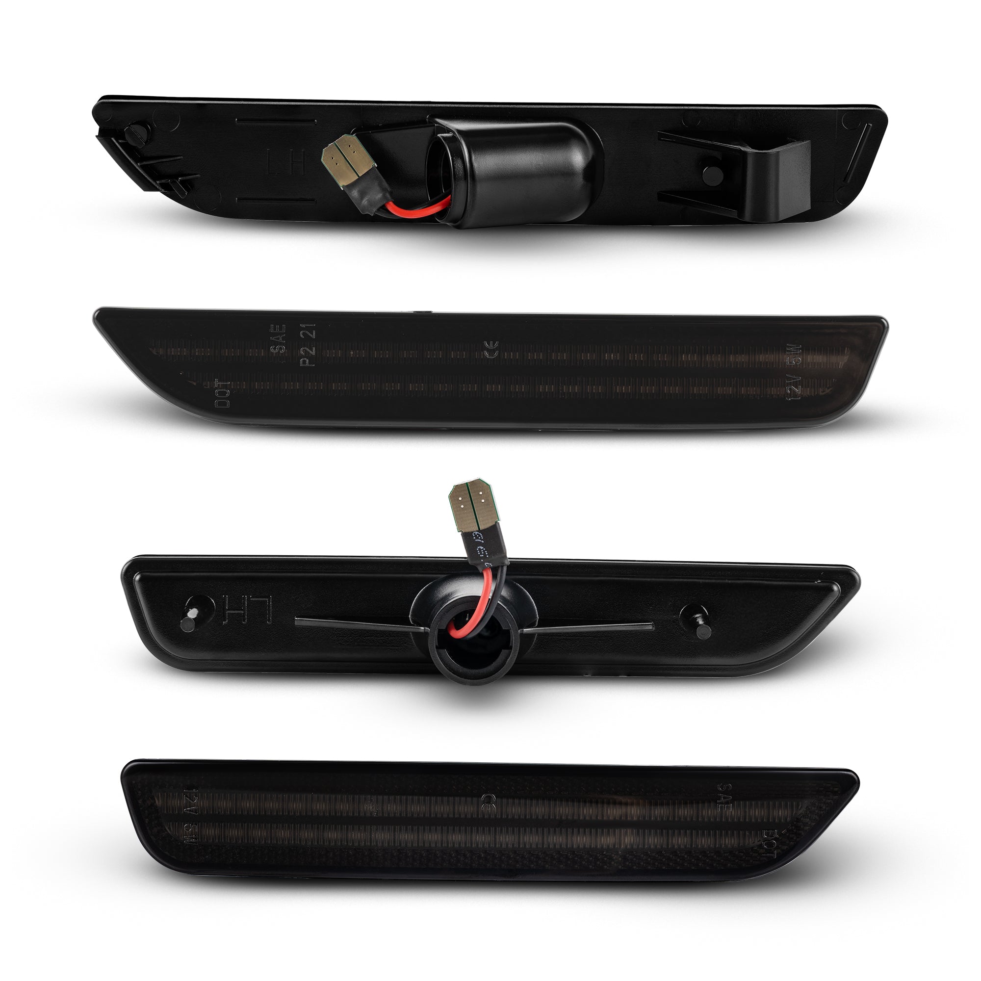 Four black car side mirrors on a white background